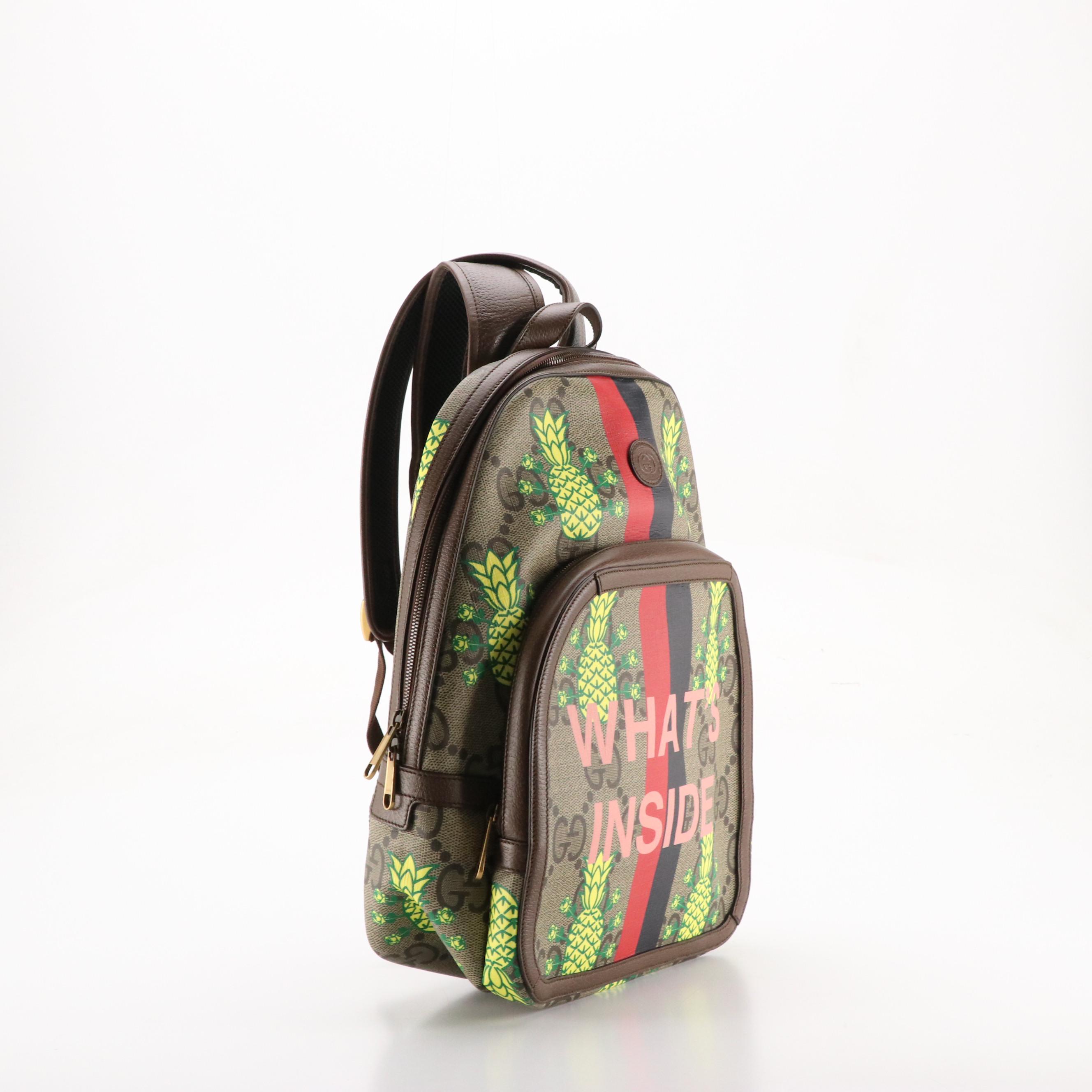 Gucci Pineapple Jumbo GG Supreme Canvas Backpack with Cinghiale Leather Trim