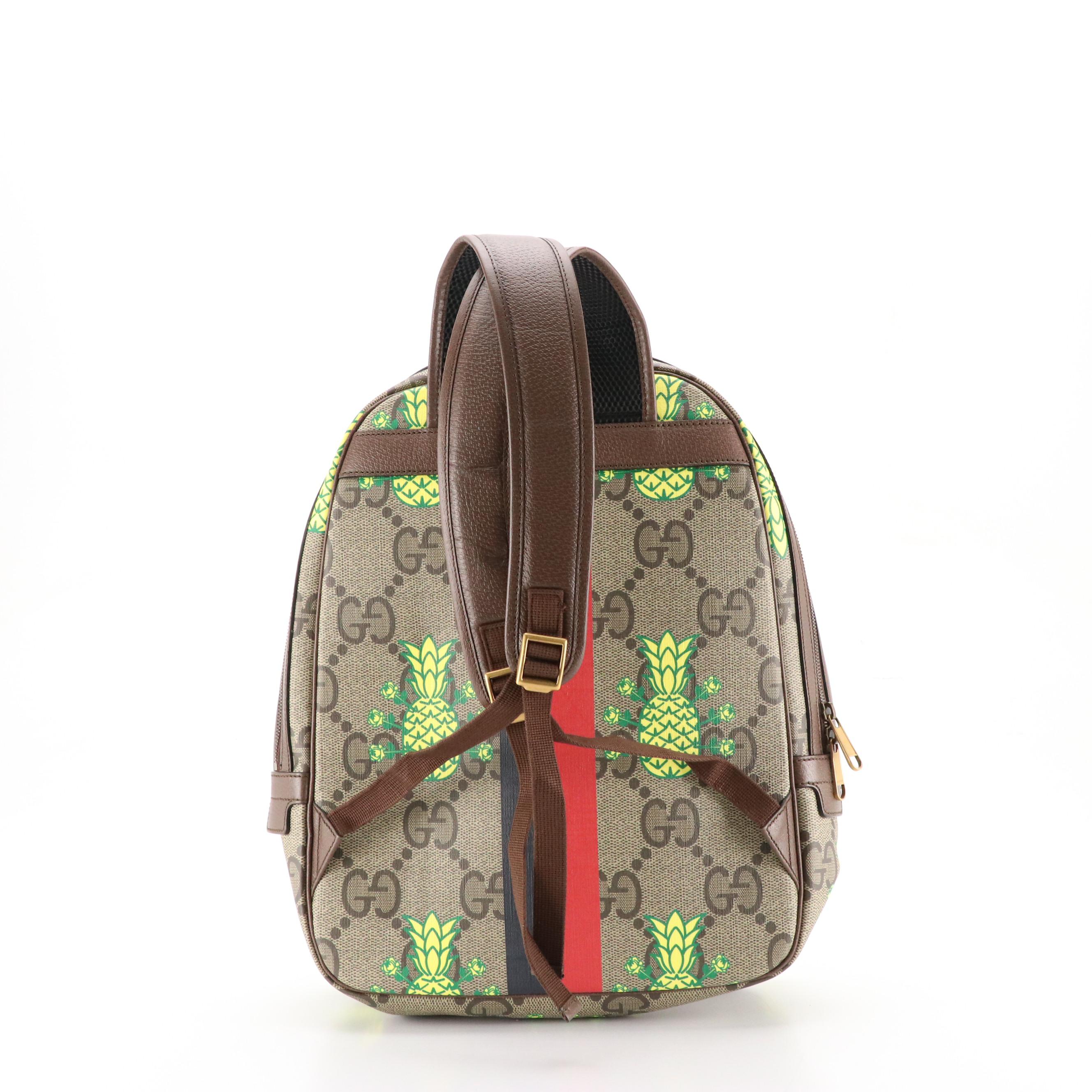 Gucci Pineapple Jumbo GG Supreme Canvas Backpack with Cinghiale Leather Trim