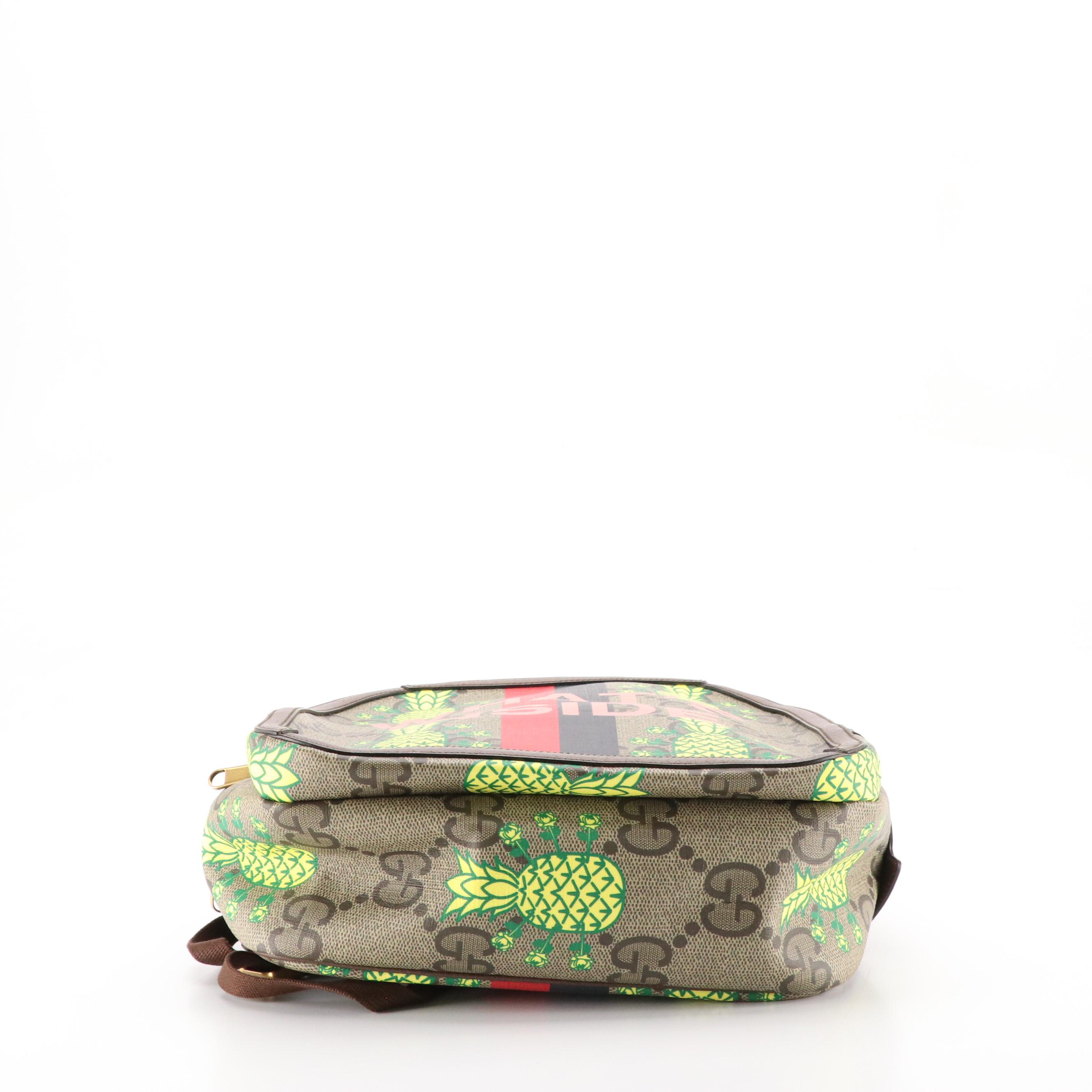 Gucci Pineapple Jumbo GG Supreme Canvas Backpack with Cinghiale Leather Trim