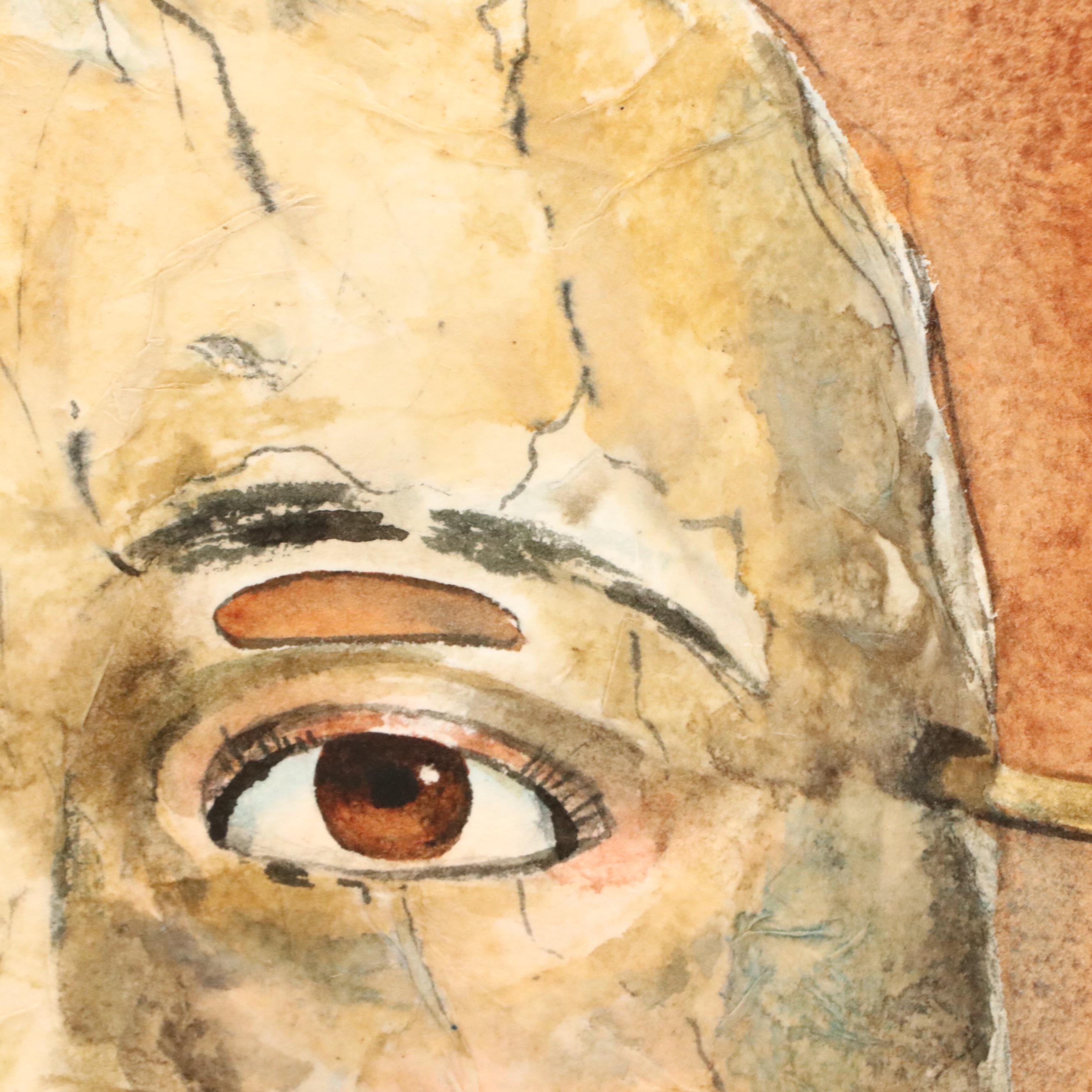 Rita Joyce Watercolor Painting of Mustached Mask, Late 20th Century