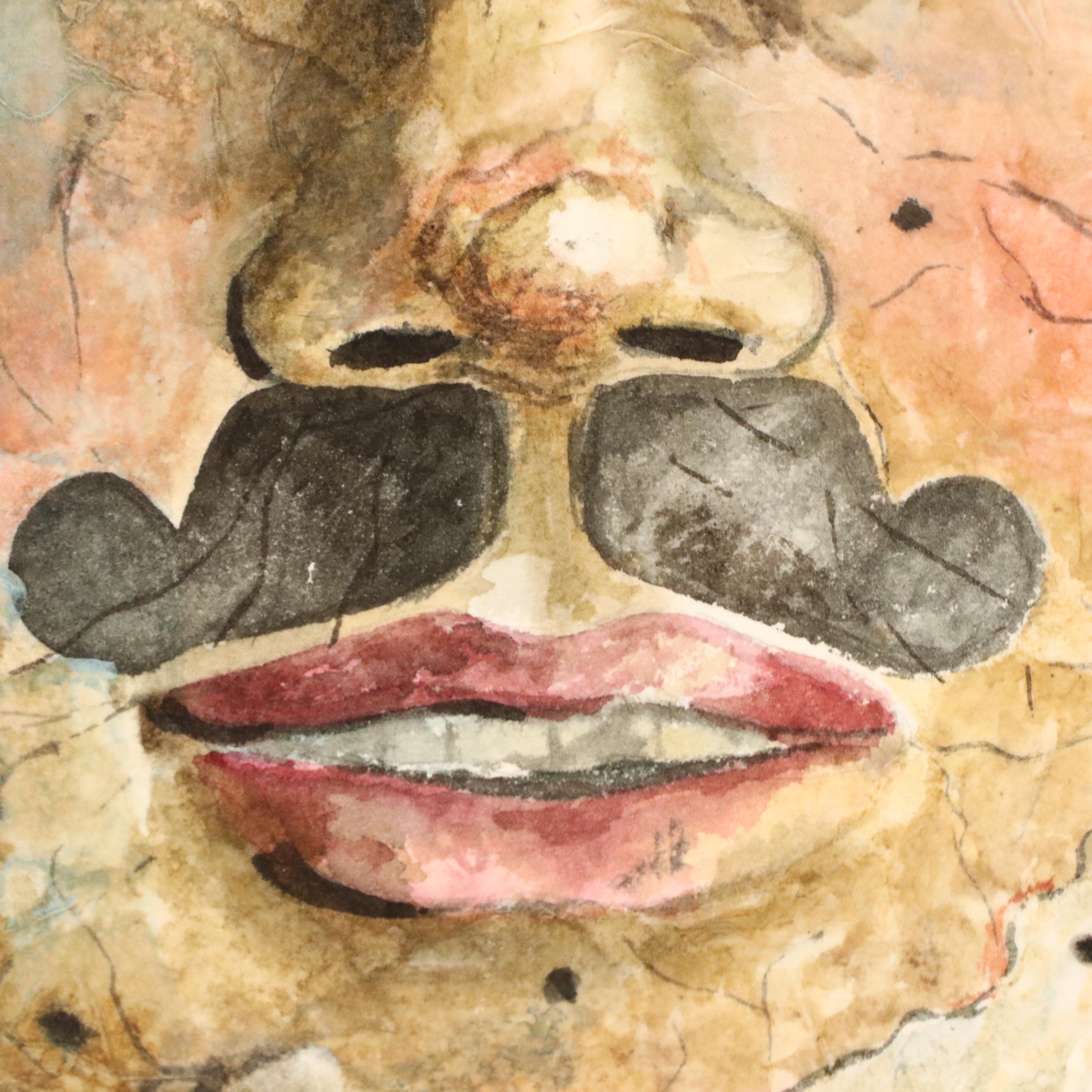 Rita Joyce Watercolor Painting of Mustached Mask, Late 20th Century
