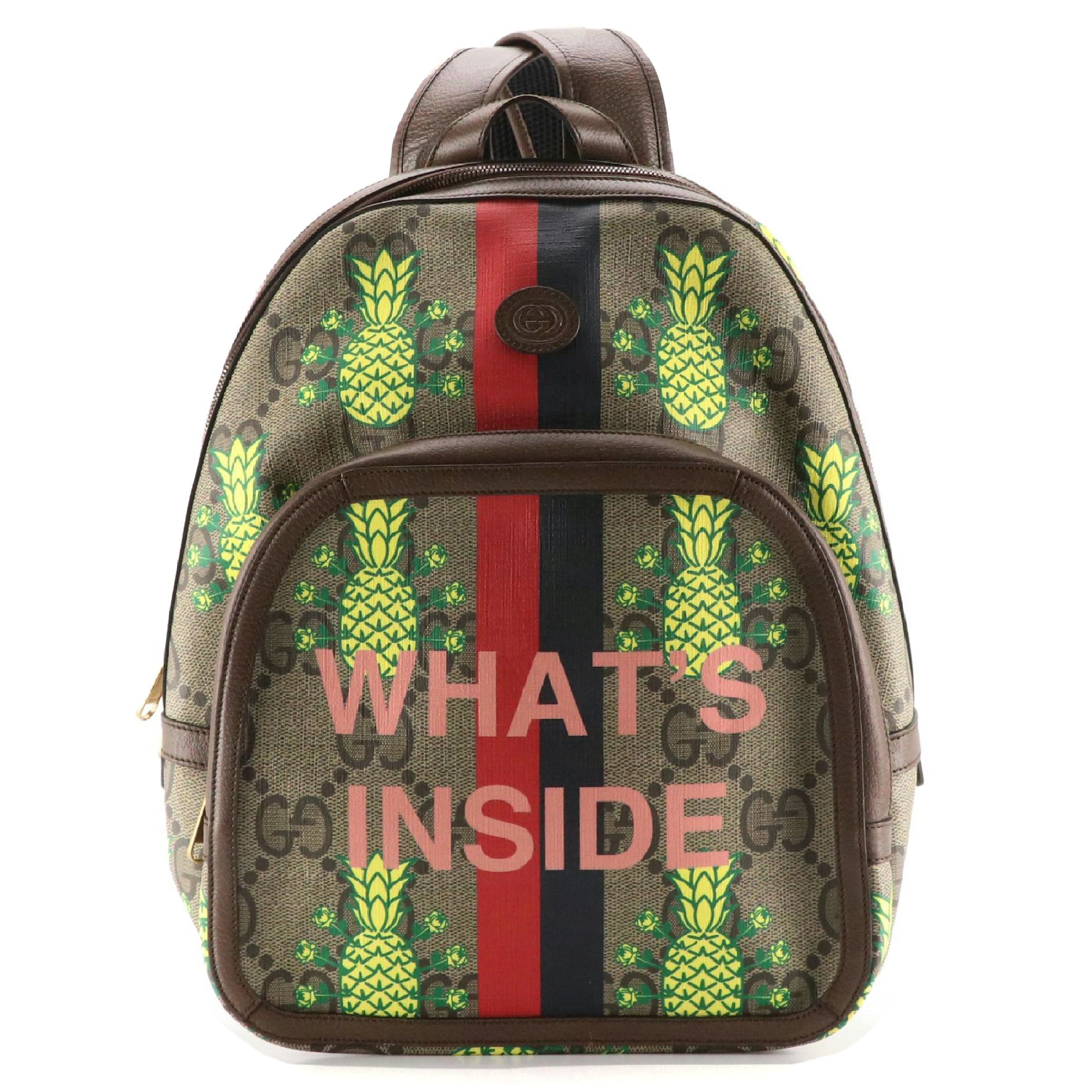 Gucci Pineapple Jumbo GG Supreme Canvas Backpack with Cinghiale Leather Trim