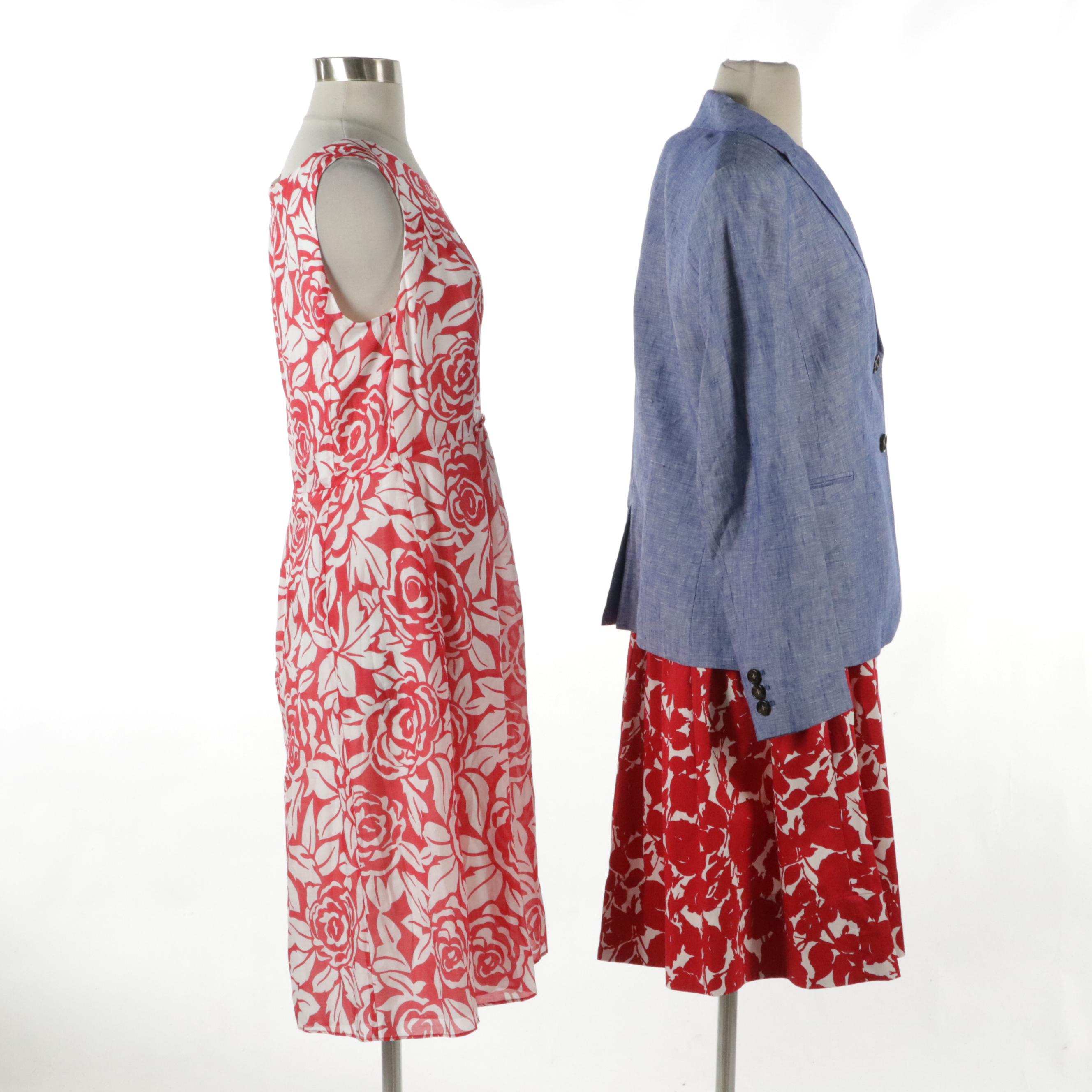 Talbots Sleeveless Red Floral Print Dresses and Blue Linen Blazer