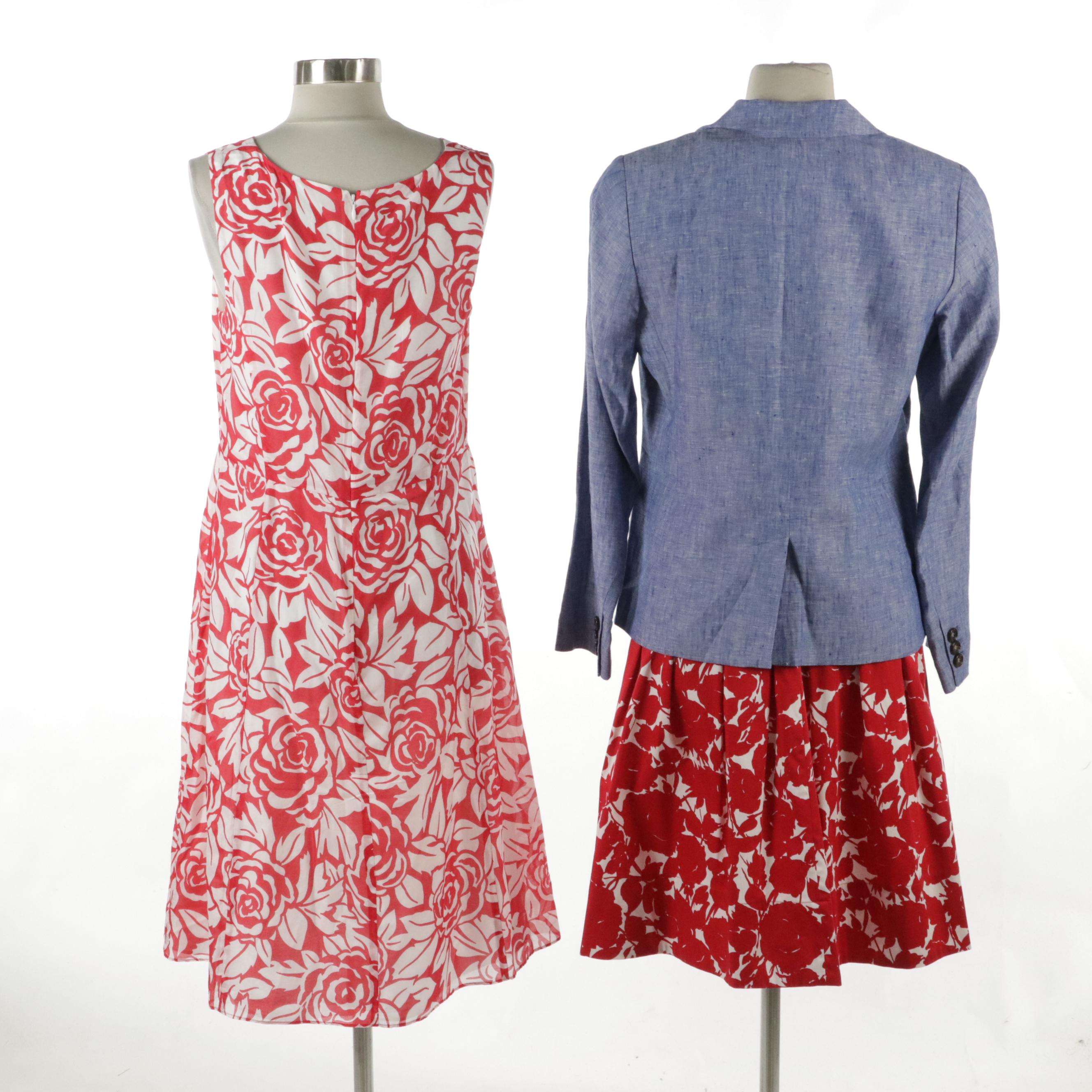 Talbots Sleeveless Red Floral Print Dresses and Blue Linen Blazer