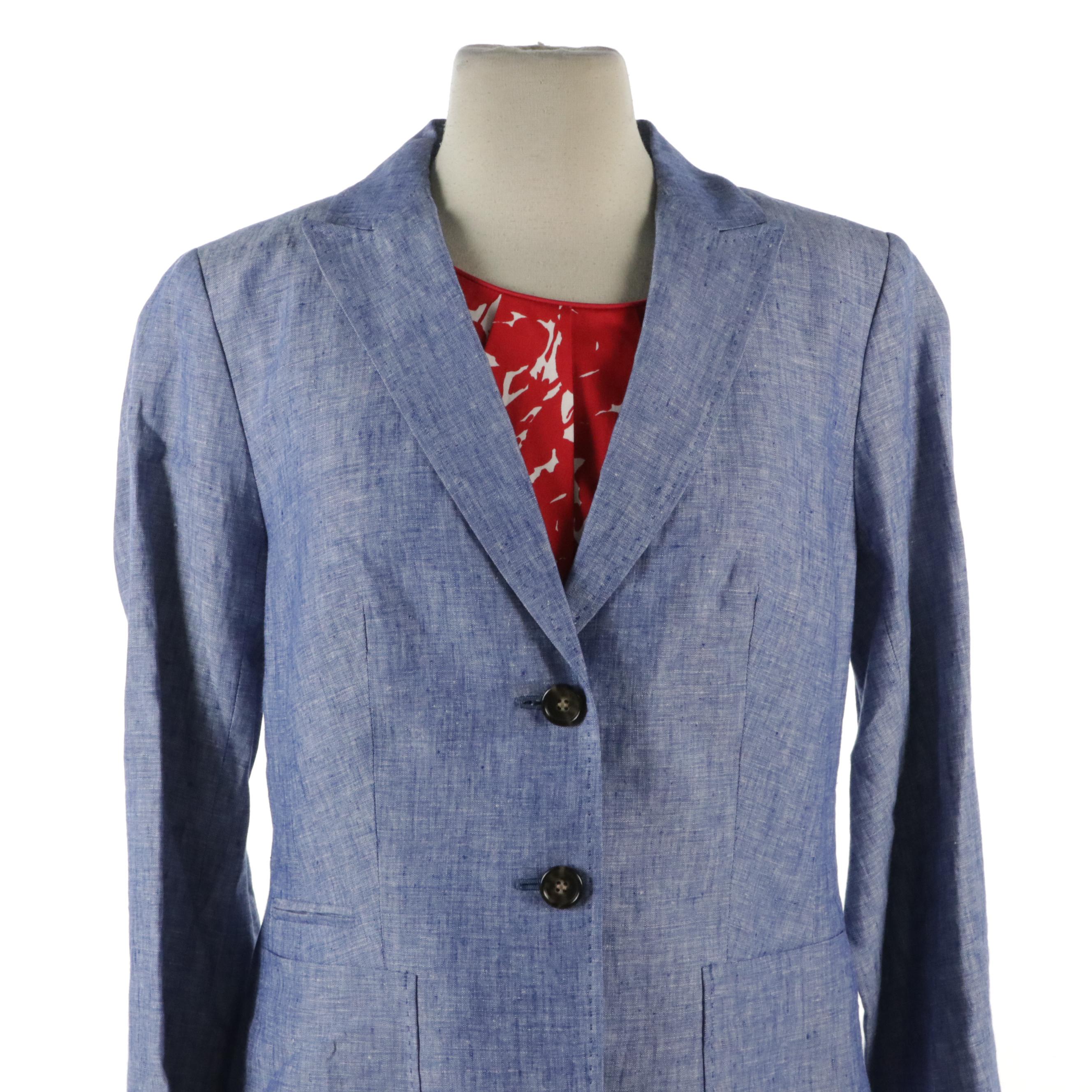 Talbots Sleeveless Red Floral Print Dresses and Blue Linen Blazer