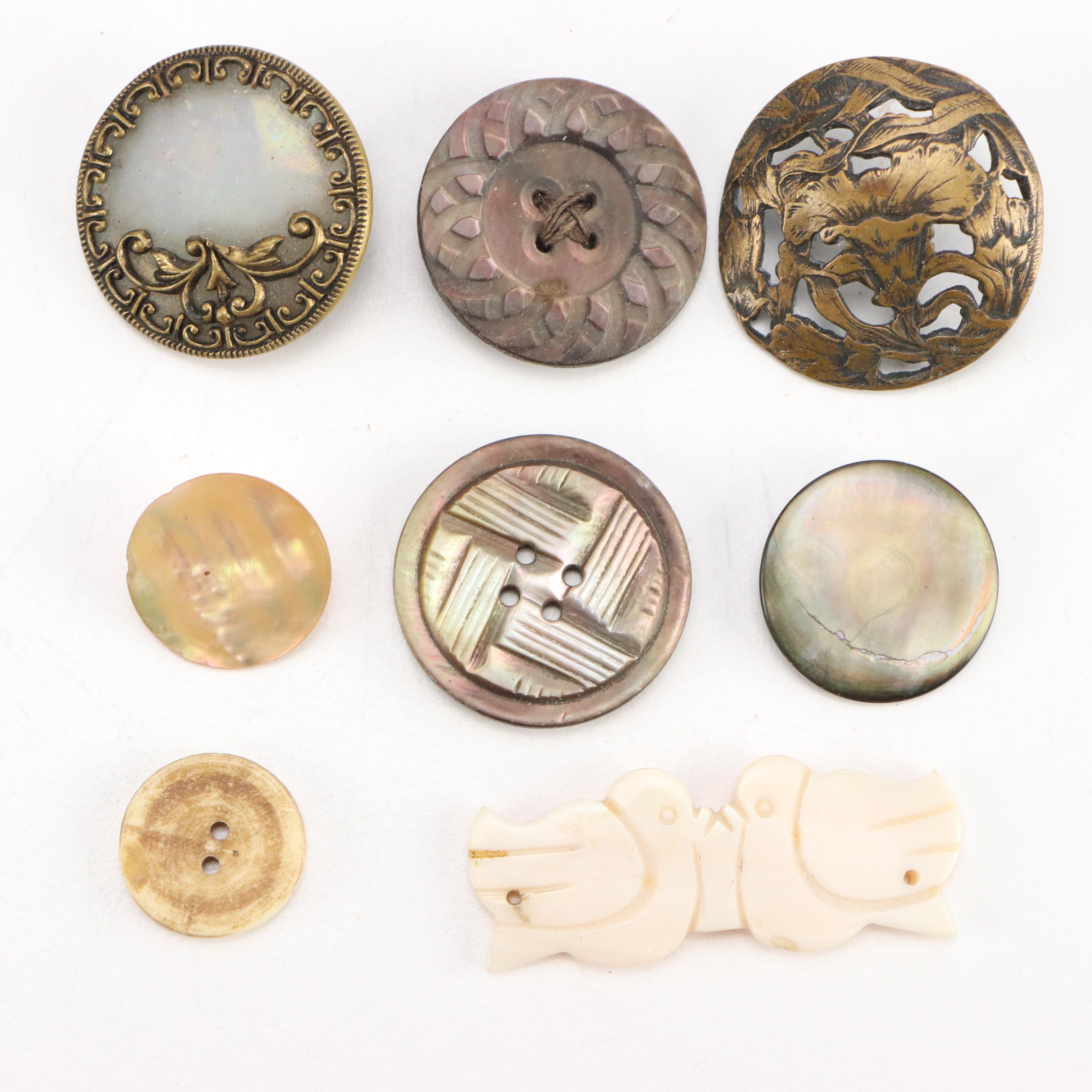 Mother-of-Pearl Buckles with Loose Buttons and Other Sewing Supplies