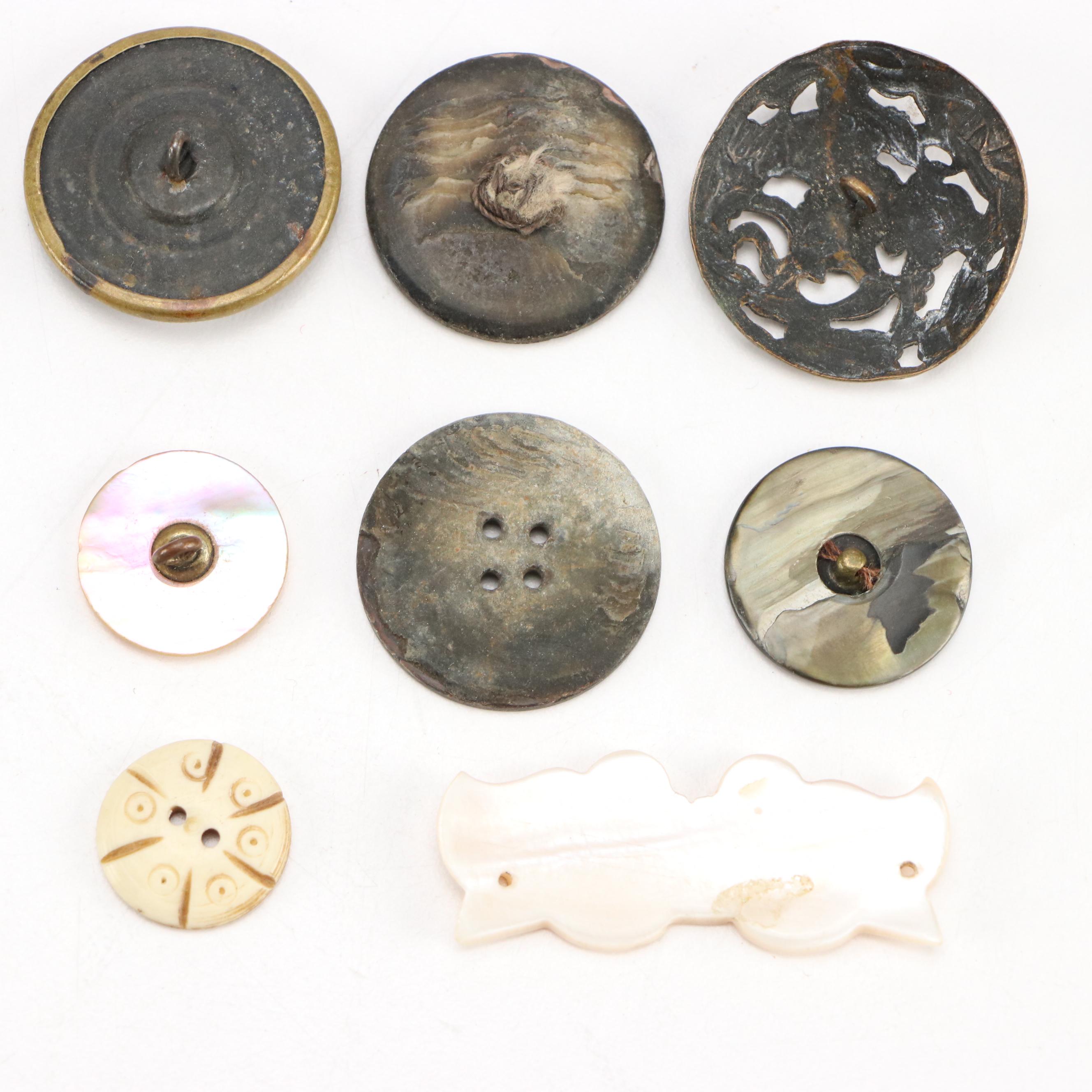 Mother-of-Pearl Buckles with Loose Buttons and Other Sewing Supplies