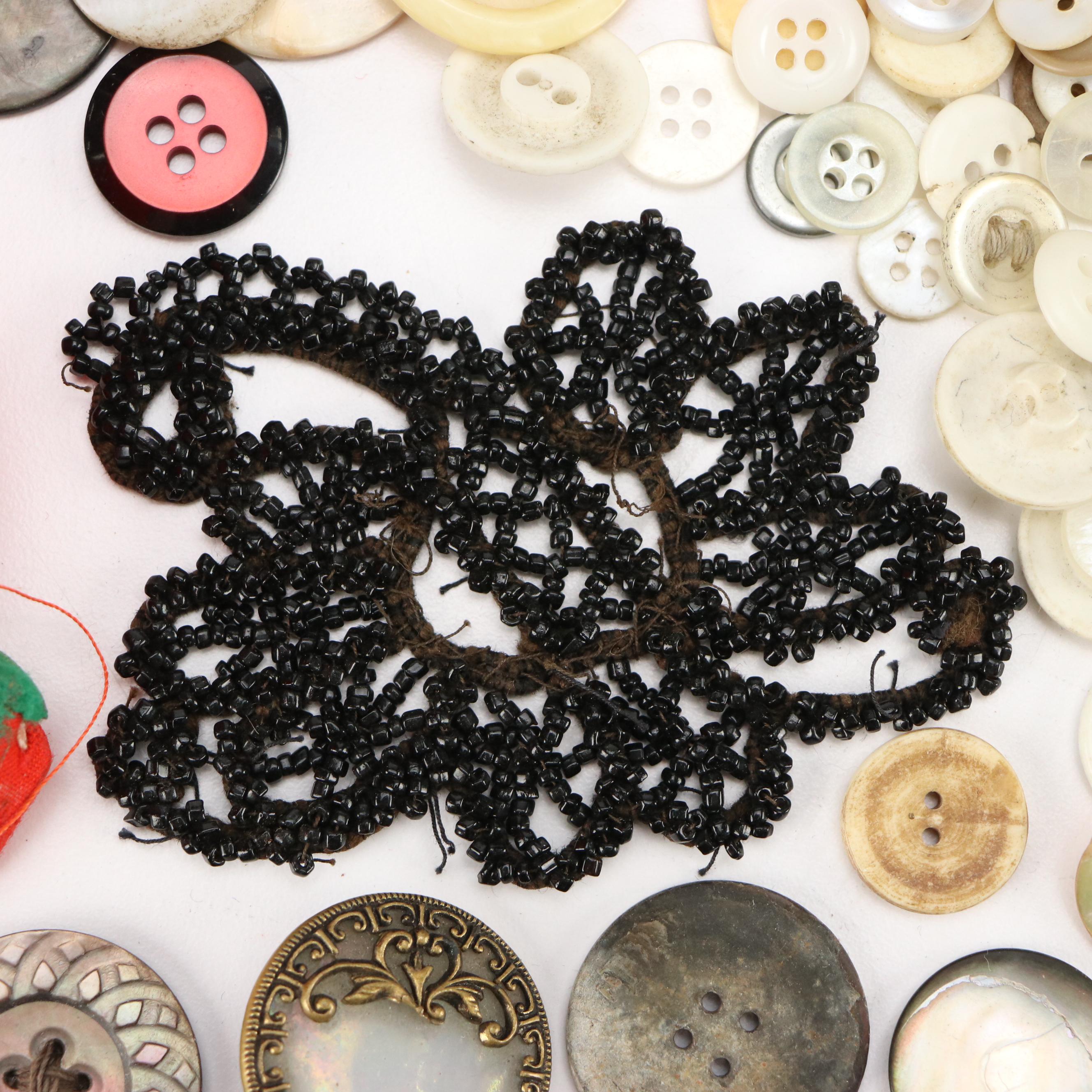 Mother-of-Pearl Buckles with Loose Buttons and Other Sewing Supplies