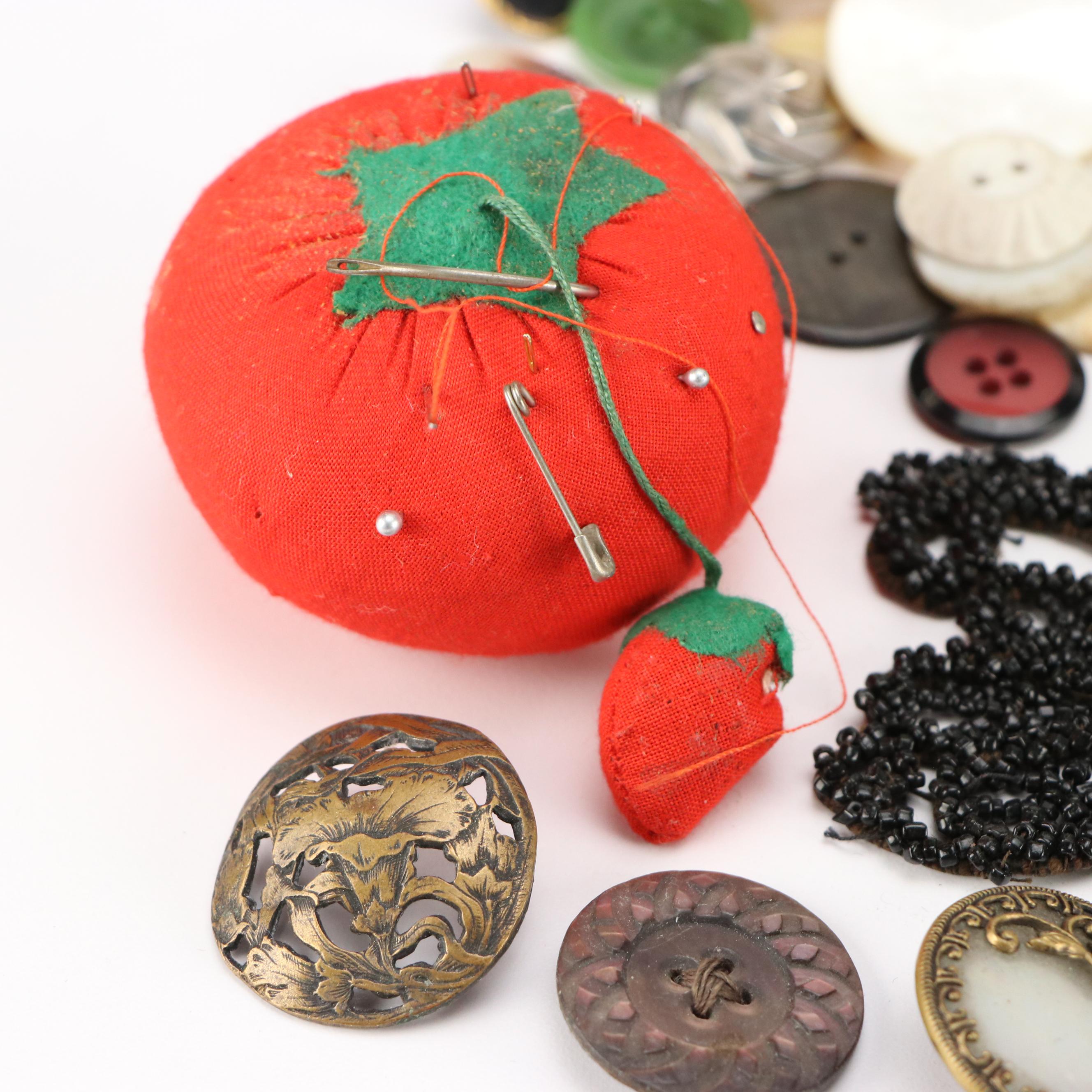 Mother-of-Pearl Buckles with Loose Buttons and Other Sewing Supplies