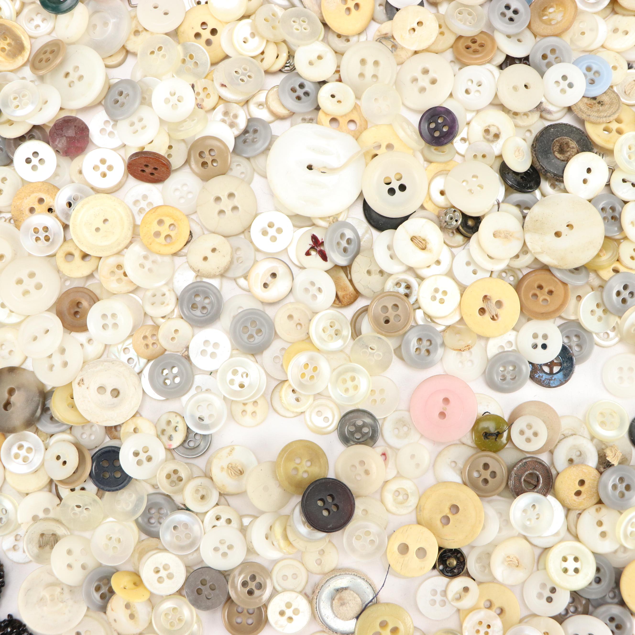 Mother-of-Pearl Buckles with Loose Buttons and Other Sewing Supplies