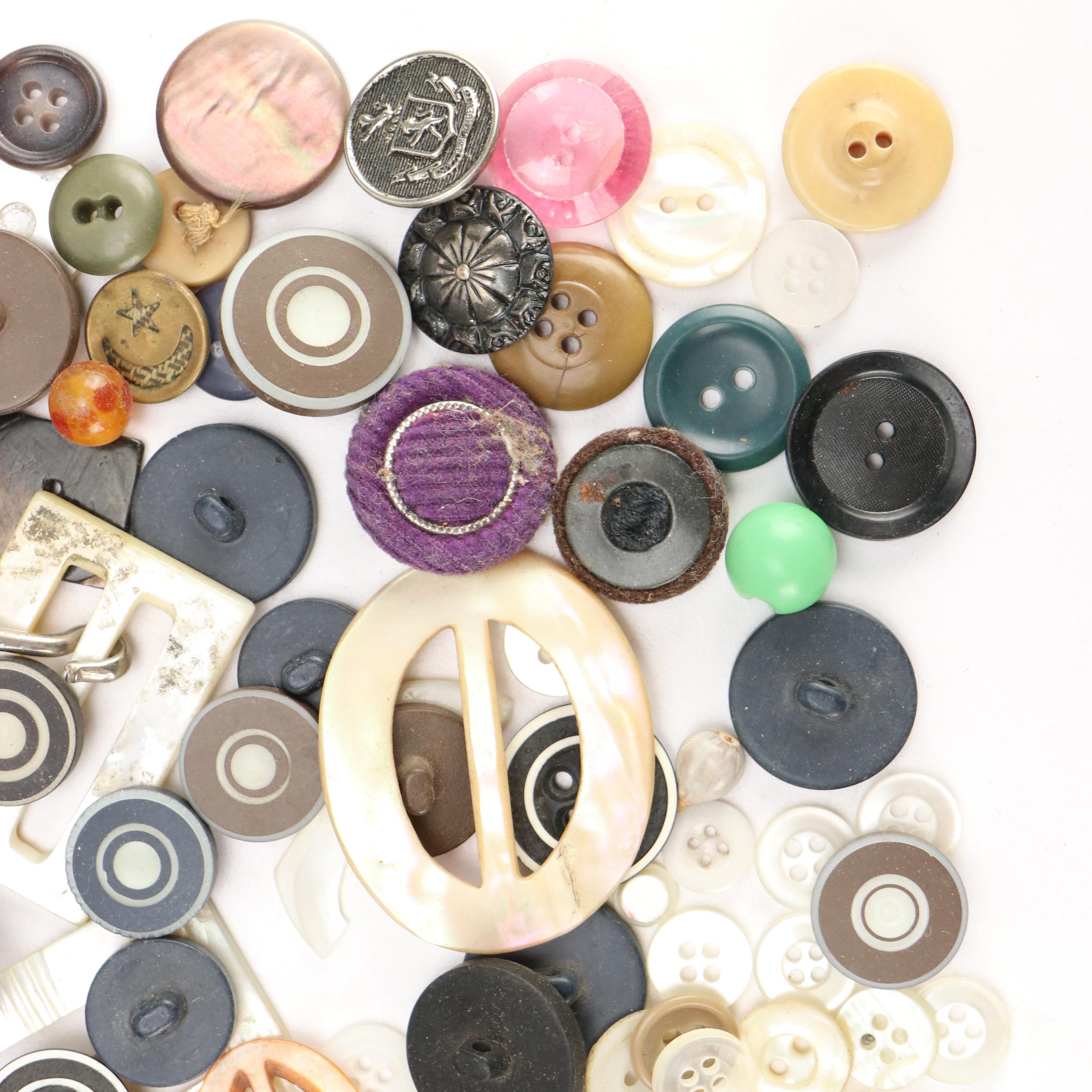 Mother-of-Pearl Buckles with Loose Buttons and Other Sewing Supplies
