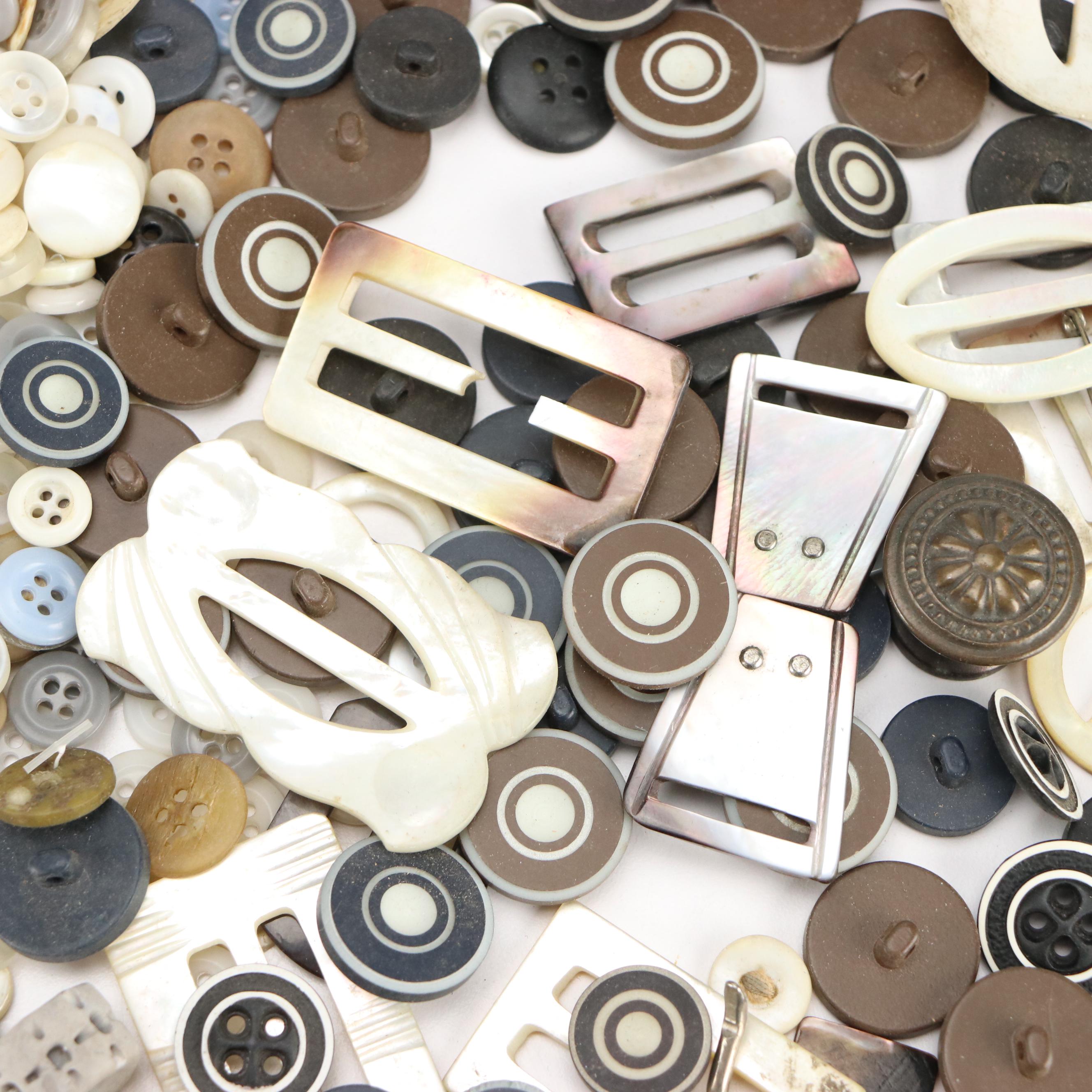 Mother-of-Pearl Buckles with Loose Buttons and Other Sewing Supplies