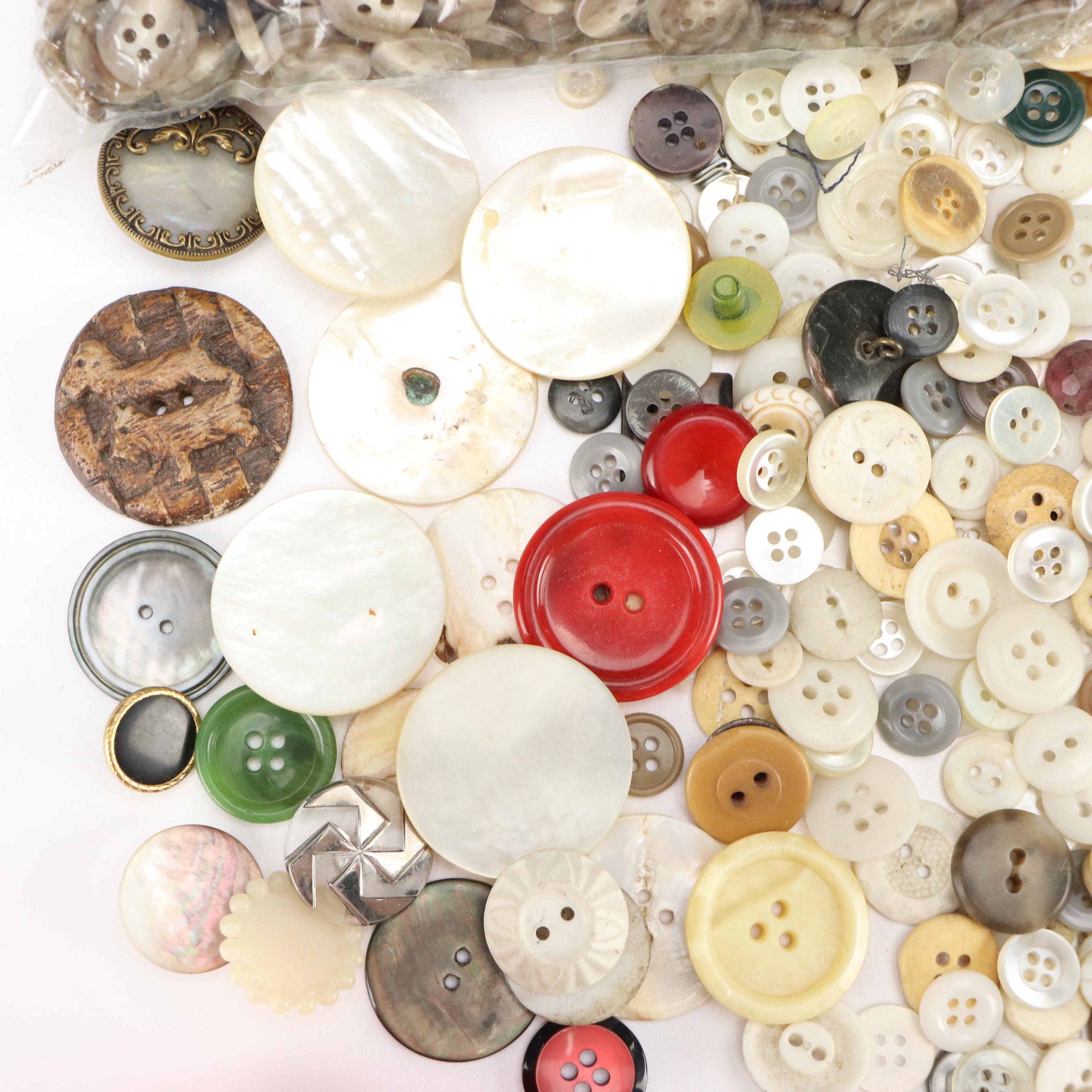 Mother-of-Pearl Buckles with Loose Buttons and Other Sewing Supplies