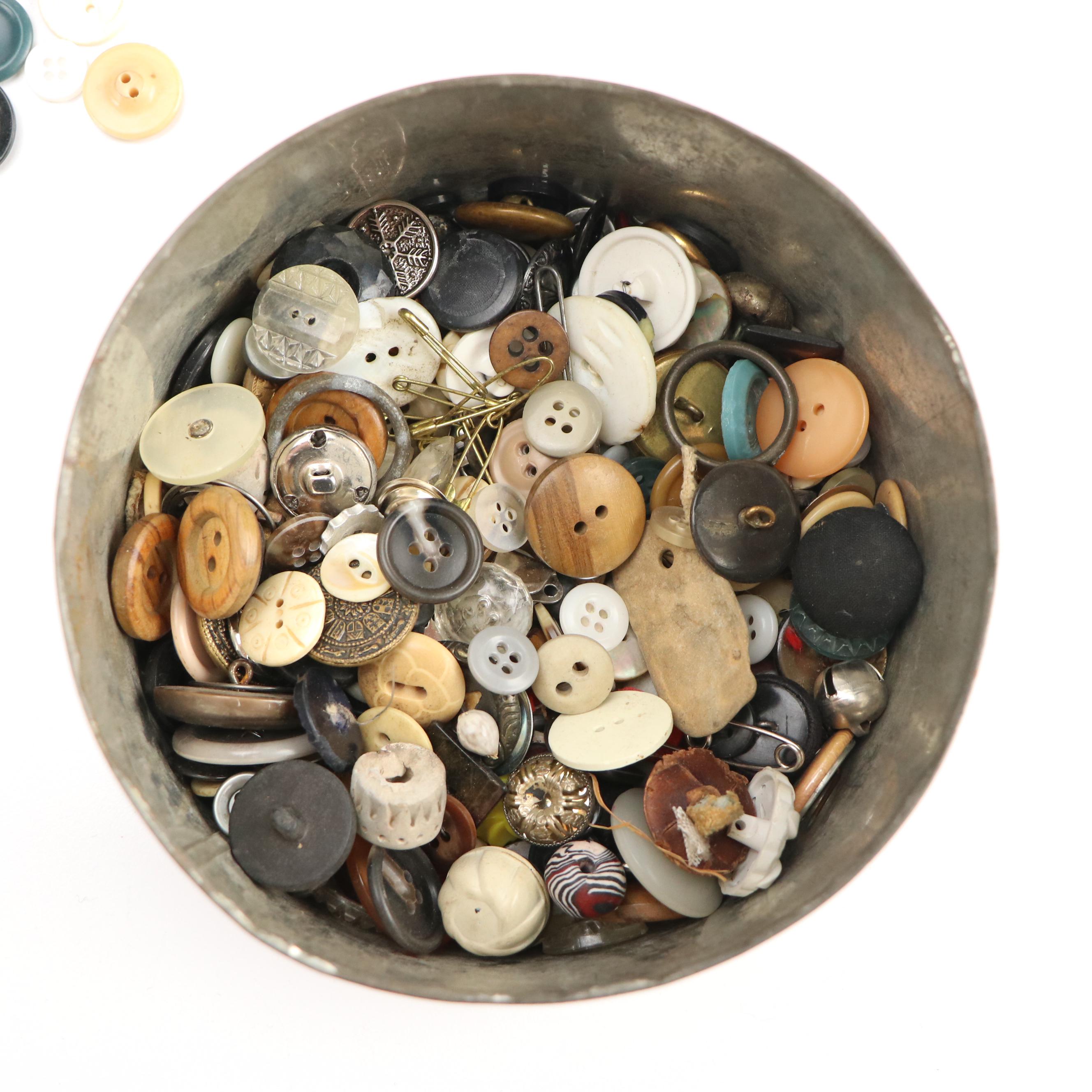 Mother-of-Pearl Buckles with Loose Buttons and Other Sewing Supplies