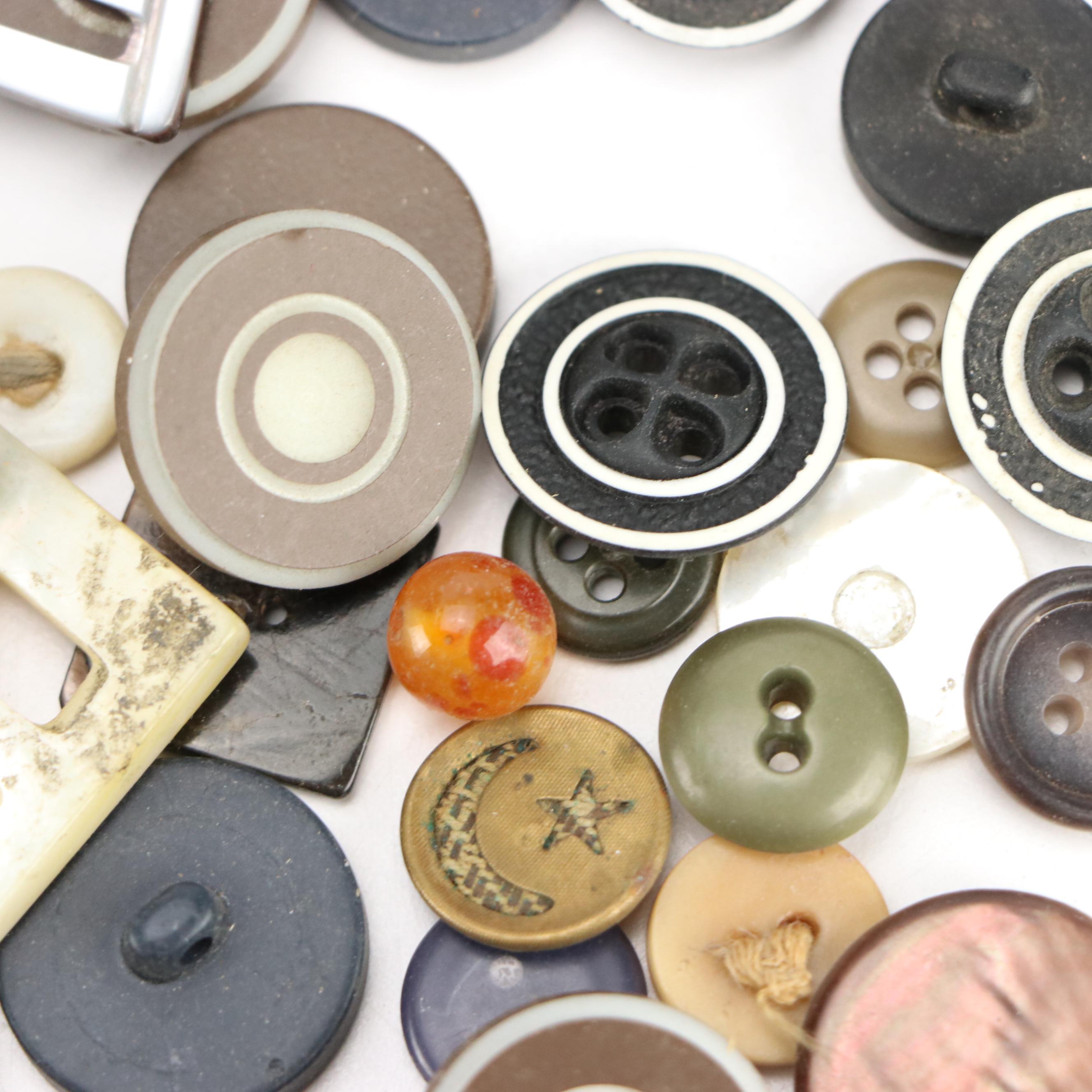 Mother-of-Pearl Buckles with Loose Buttons and Other Sewing Supplies