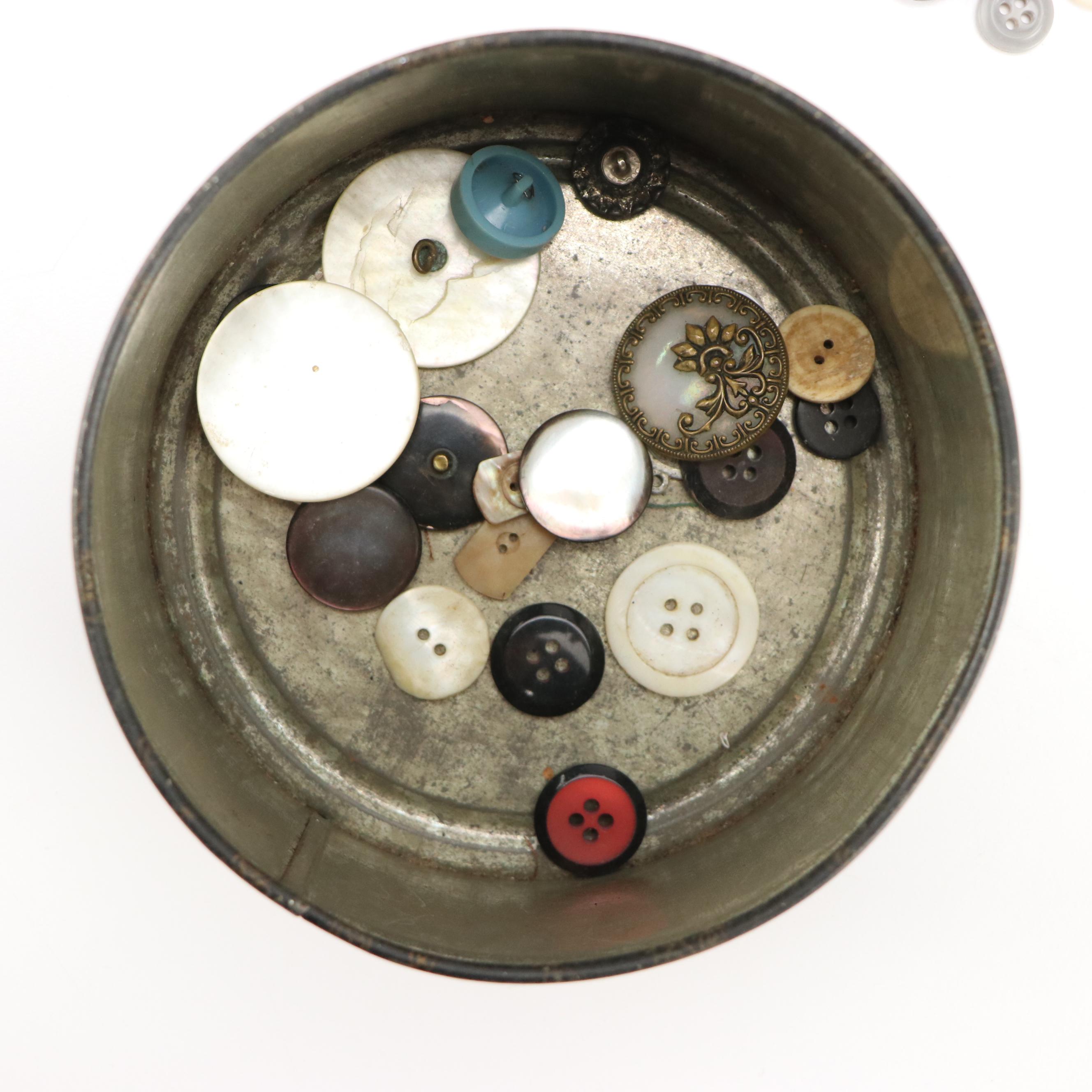 Mother-of-Pearl Buckles with Loose Buttons and Other Sewing Supplies