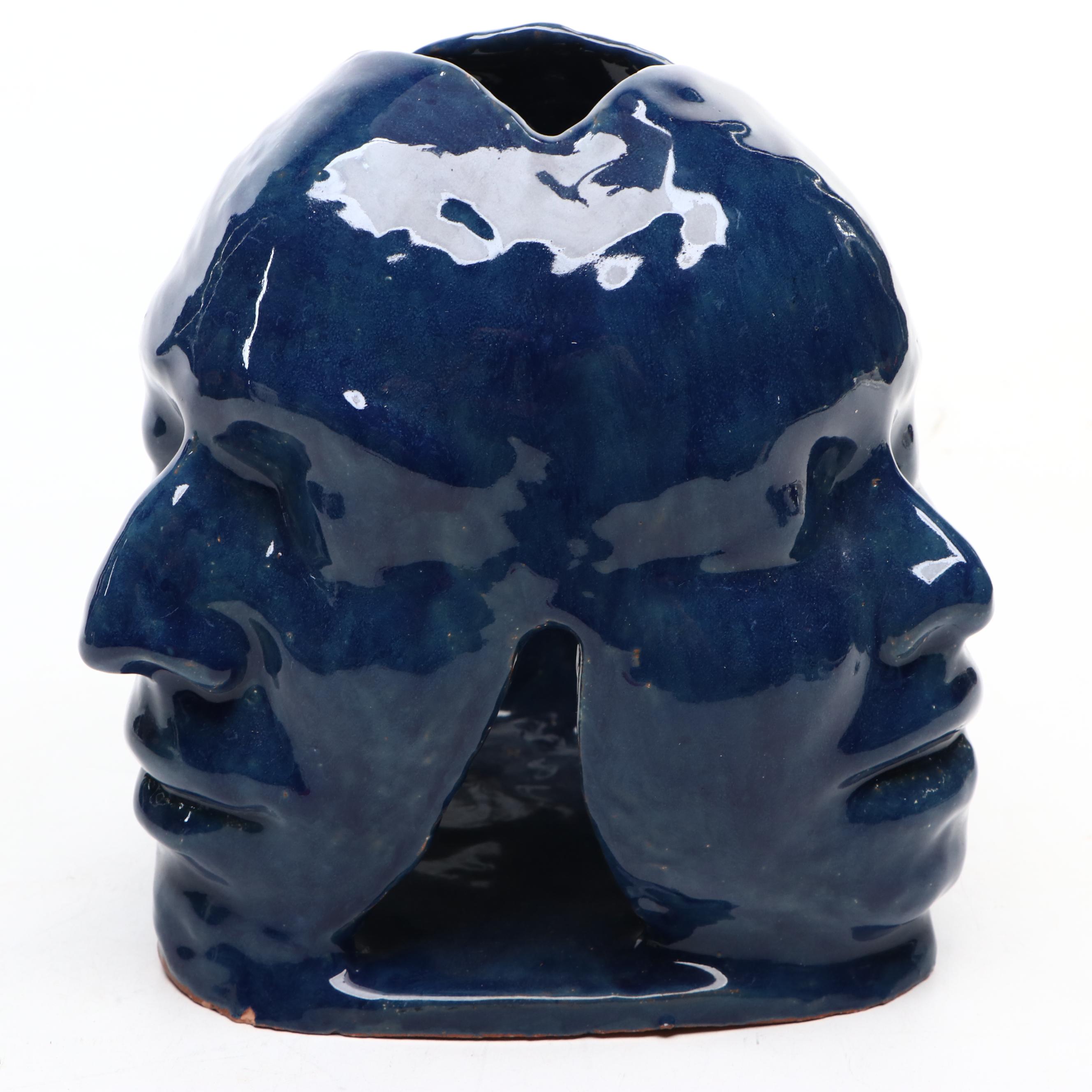 Blue Glazed Ceramic Three Faces Sculpture