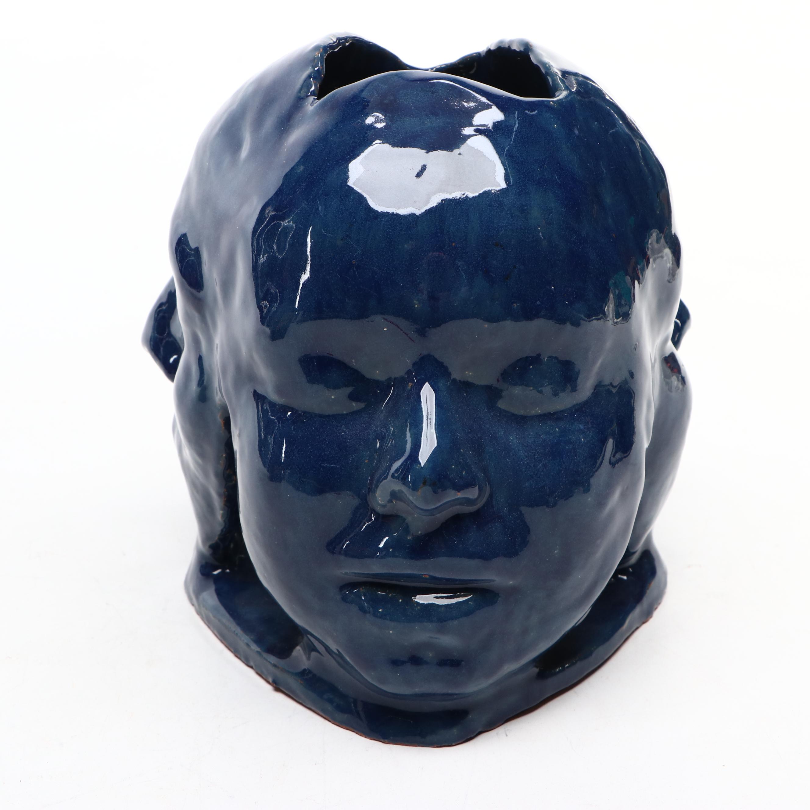 Blue Glazed Ceramic Three Faces Sculpture