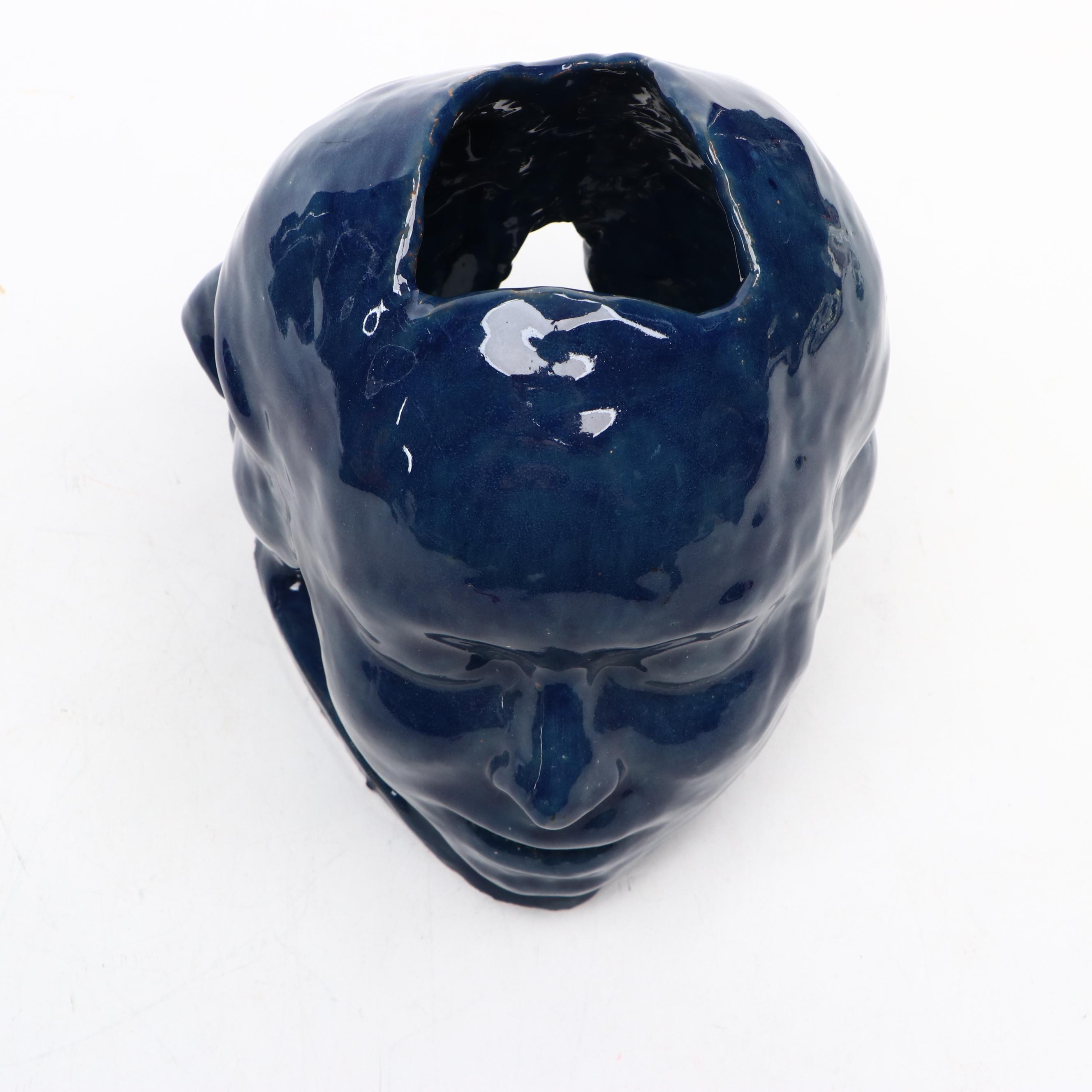 Blue Glazed Ceramic Three Faces Sculpture