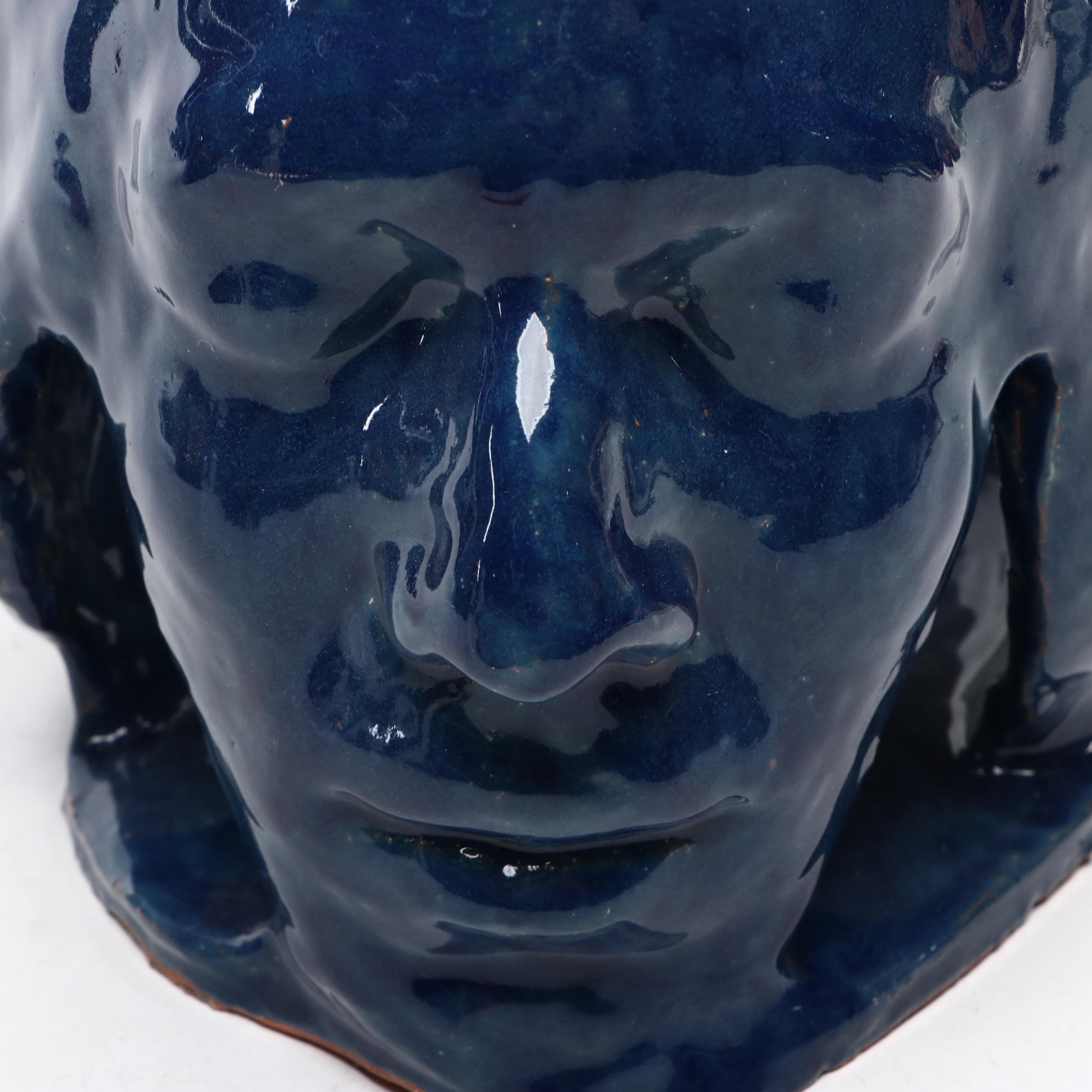 Blue Glazed Ceramic Three Faces Sculpture