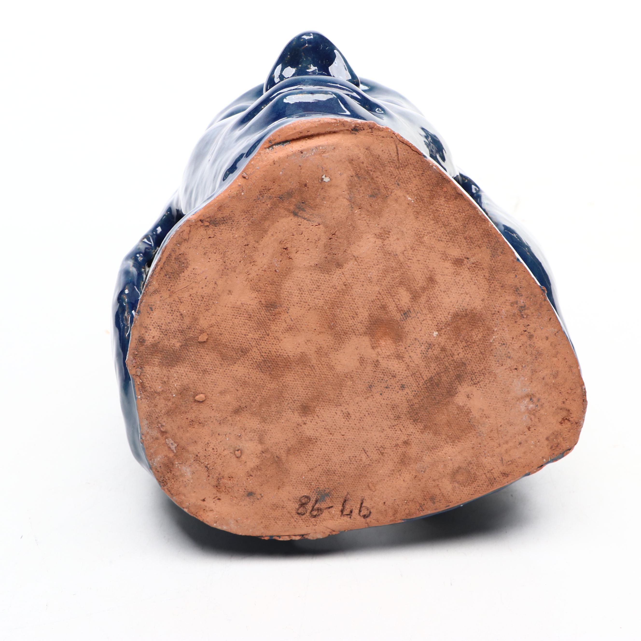 Blue Glazed Ceramic Three Faces Sculpture