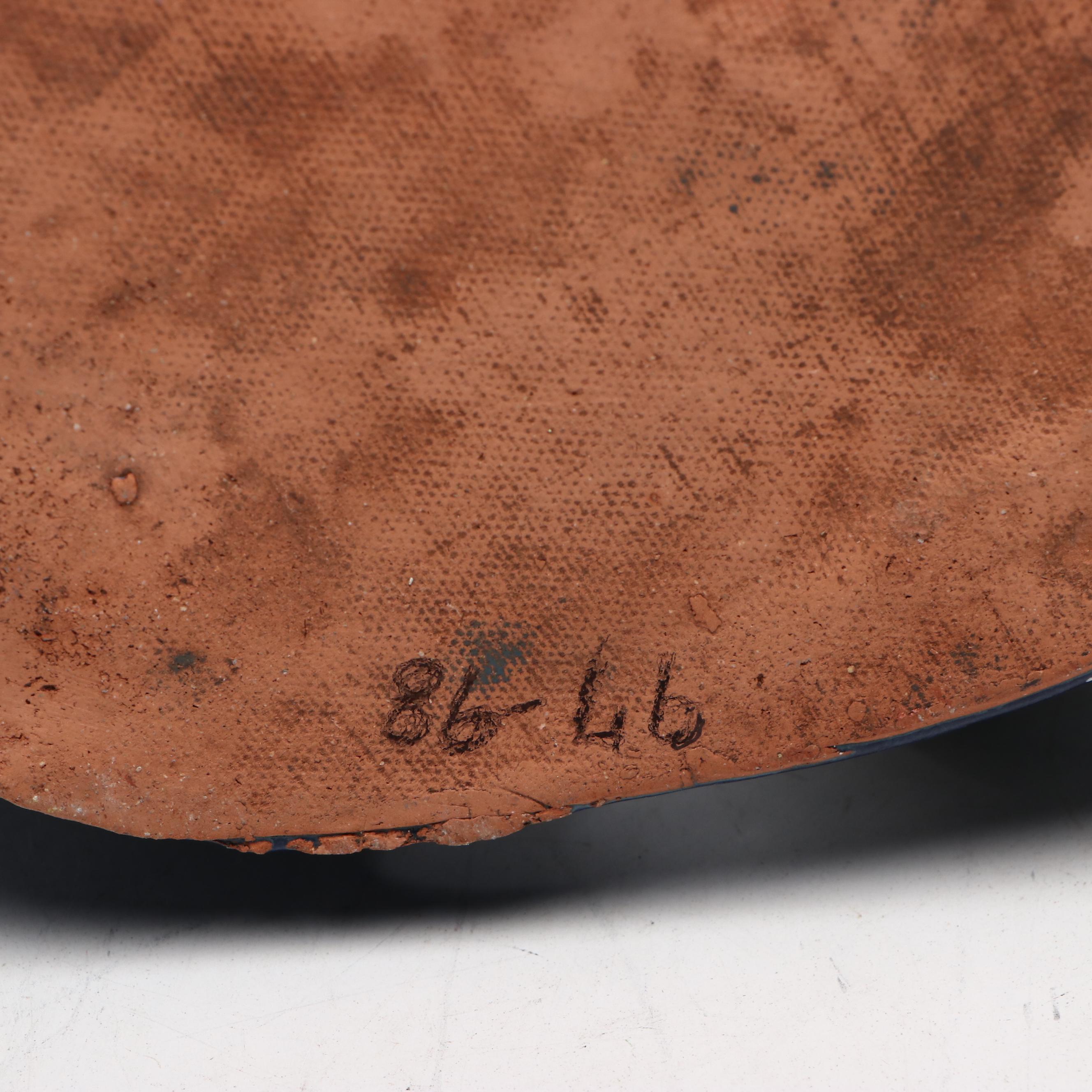 Blue Glazed Ceramic Three Faces Sculpture