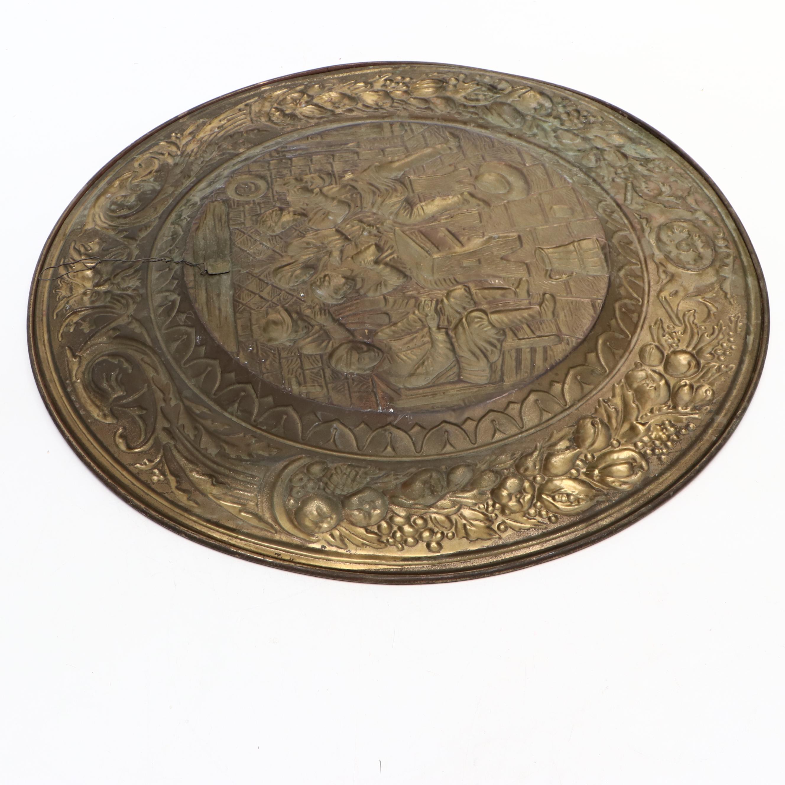 Dutch Baroque Style Hammered Brass Finish Genre Scene Wall Charger