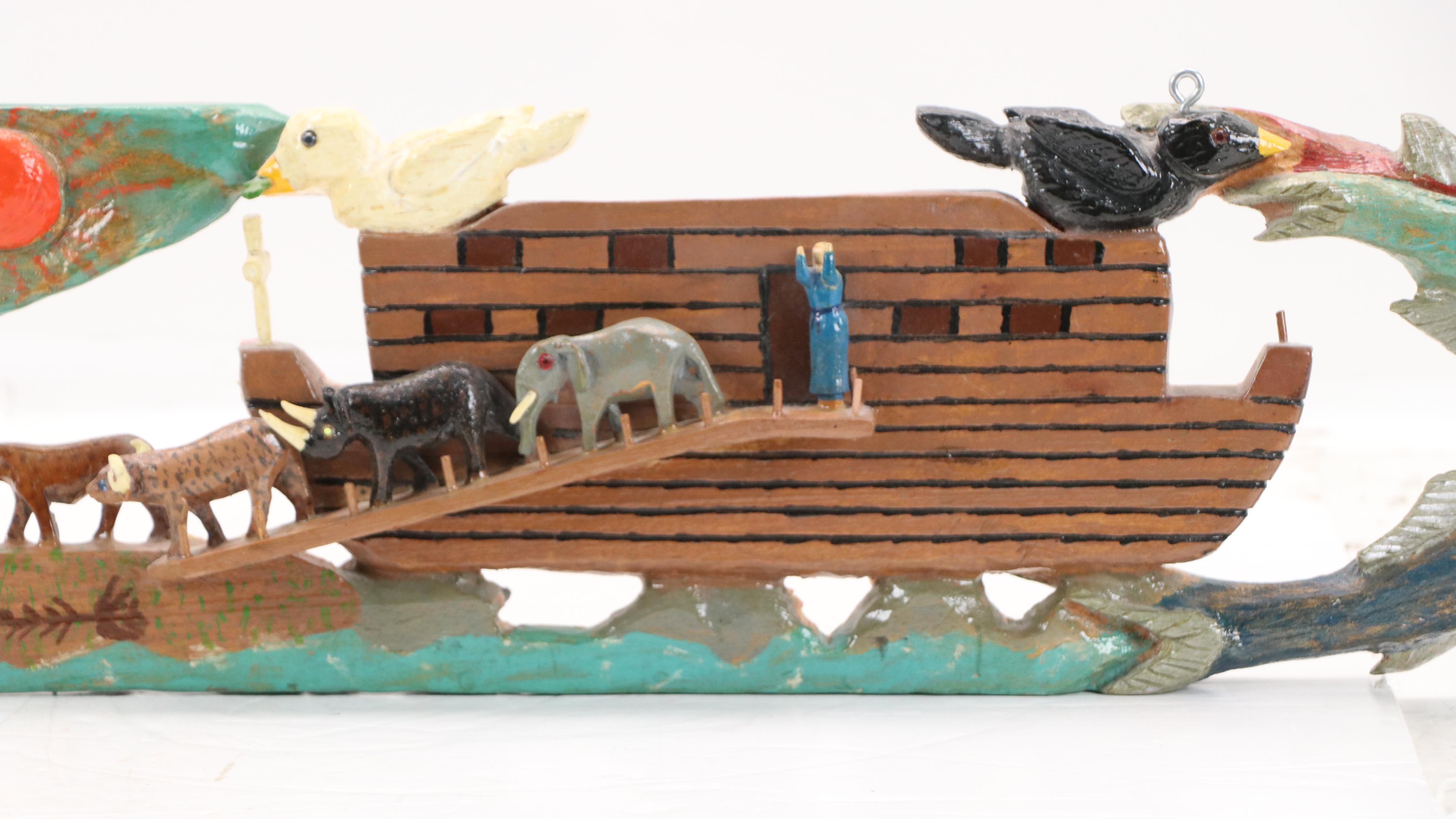 Charlie T. Saine Hand-Painted Wood Carving of Noah's Ark and Animals, 1995