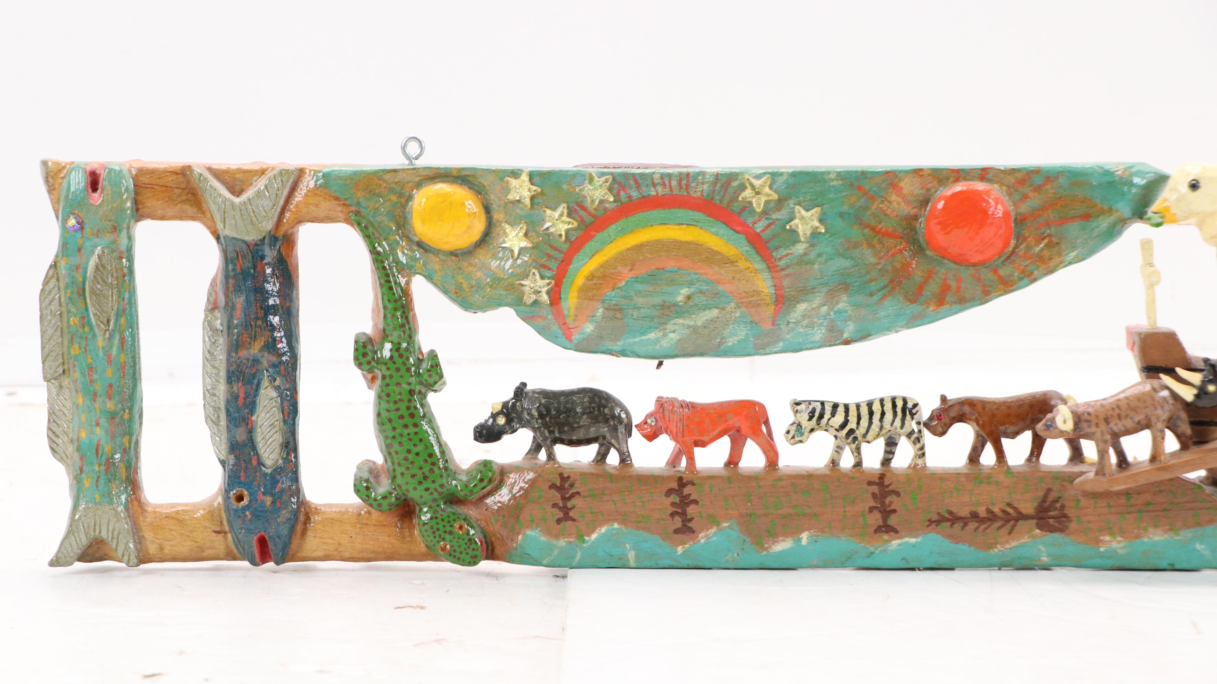 Charlie T. Saine Hand-Painted Wood Carving of Noah's Ark and Animals, 1995