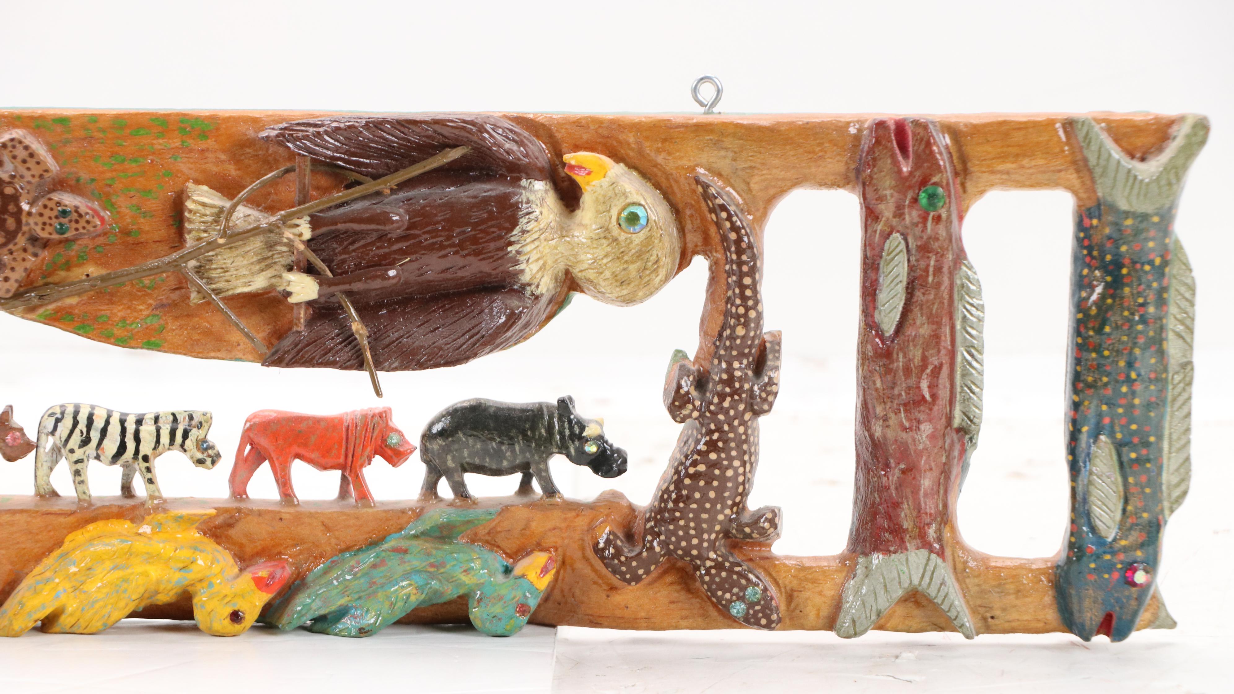 Charlie T. Saine Hand-Painted Wood Carving of Noah's Ark and Animals, 1995