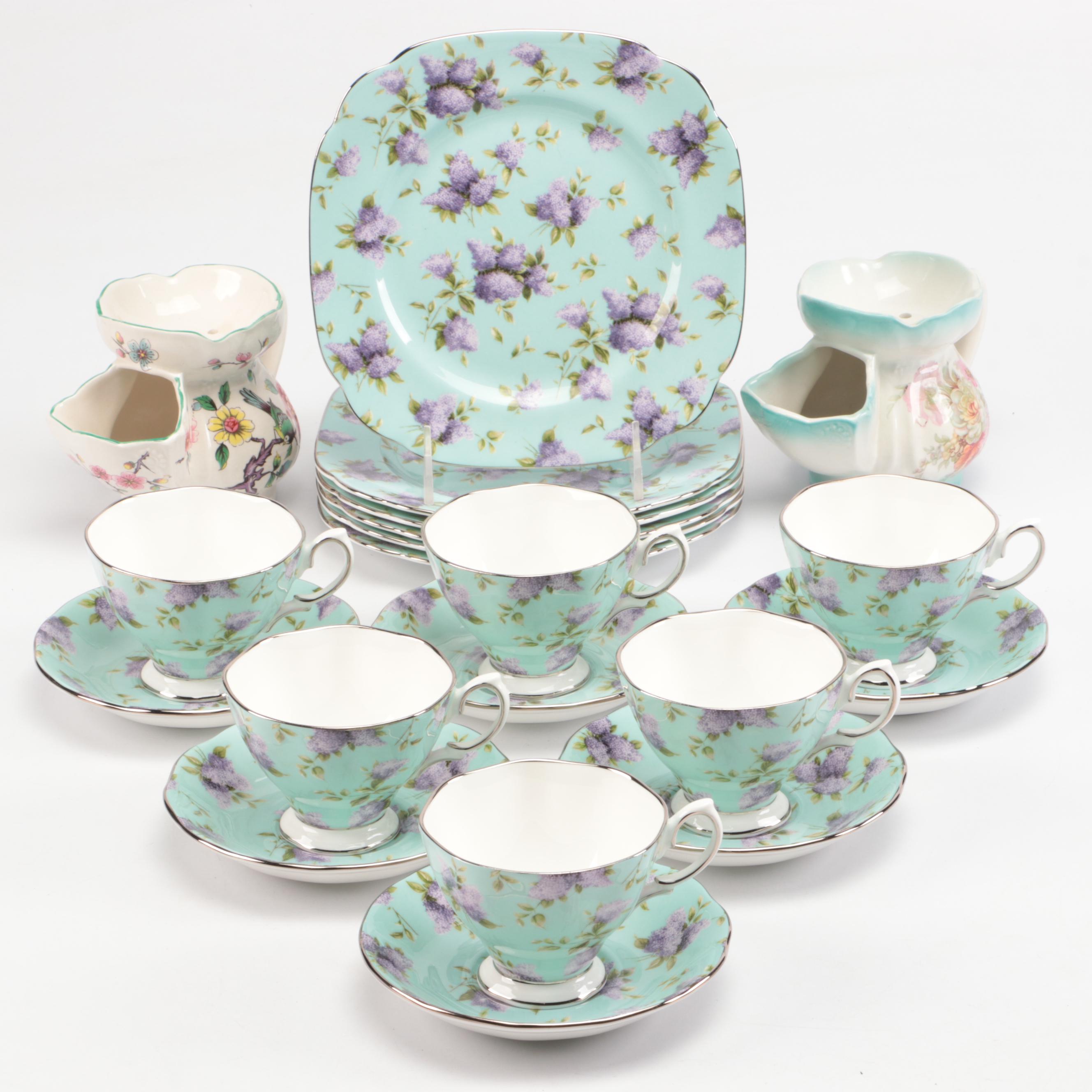 Royal Albert "Lilac Lane" Dessert Set with James Kent Old Foley Shaving Mugs