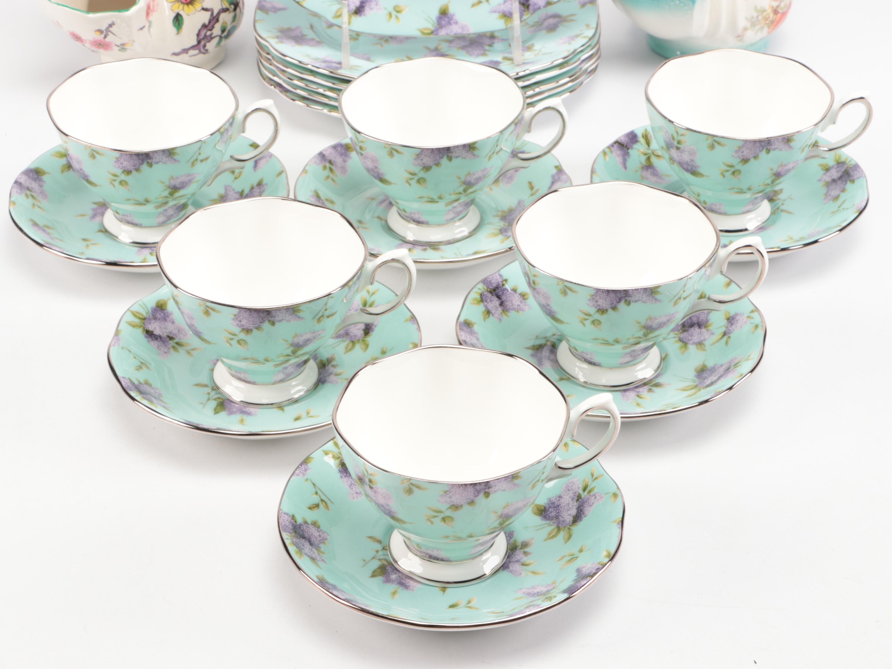 Royal Albert "Lilac Lane" Dessert Set with James Kent Old Foley Shaving Mugs