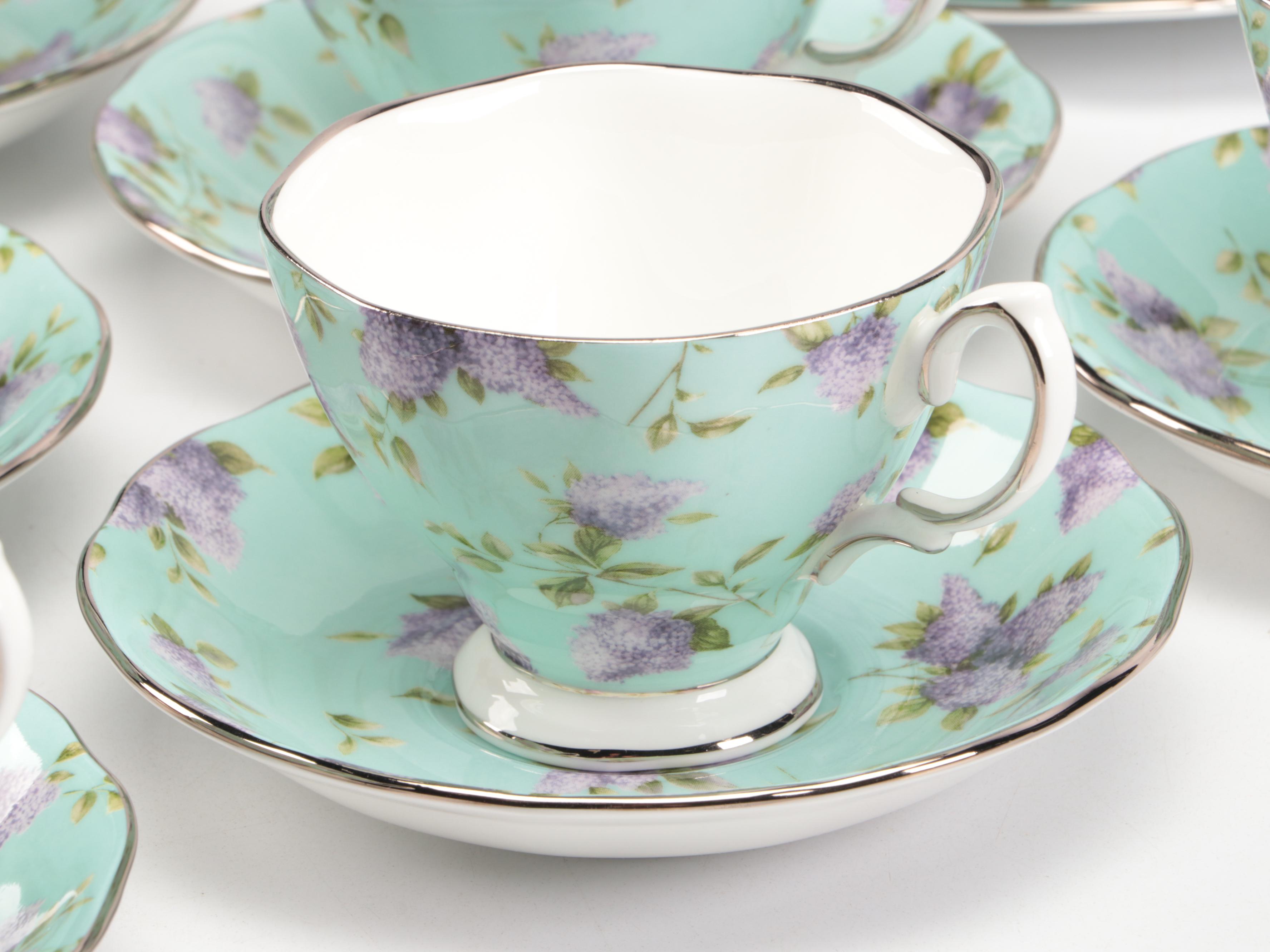 Royal Albert "Lilac Lane" Dessert Set with James Kent Old Foley Shaving Mugs