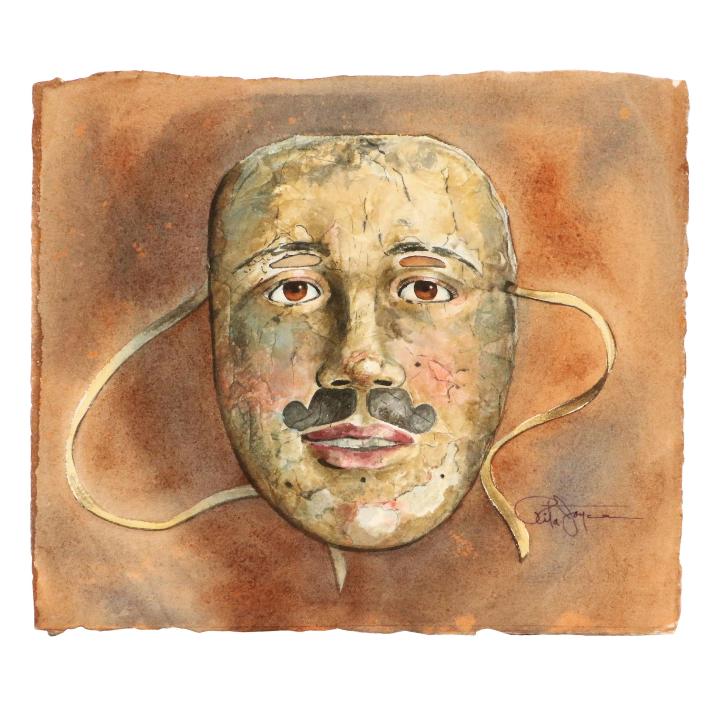 Rita Joyce Watercolor Painting of Mustached Mask, Late 20th Century