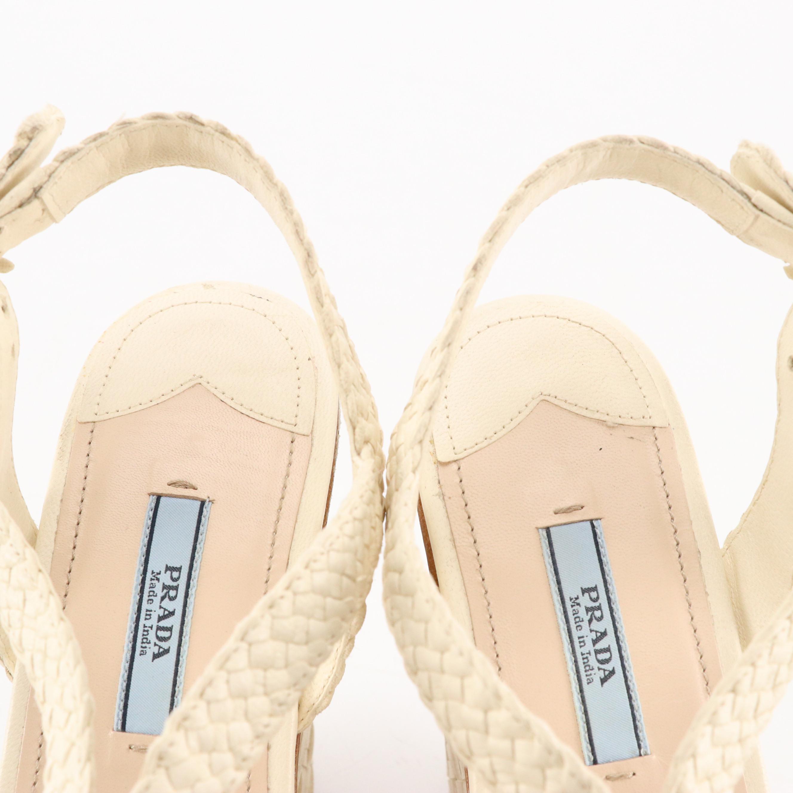 Prada Madras Collection Platform Sandals in Avorio Woven Leather with Box