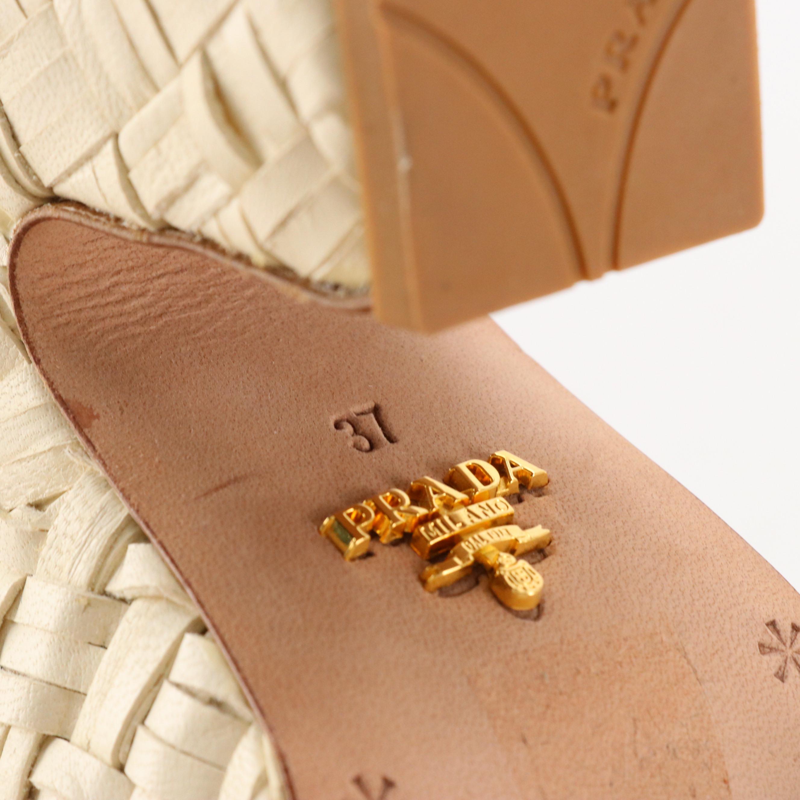 Prada Madras Collection Platform Sandals in Avorio Woven Leather with Box