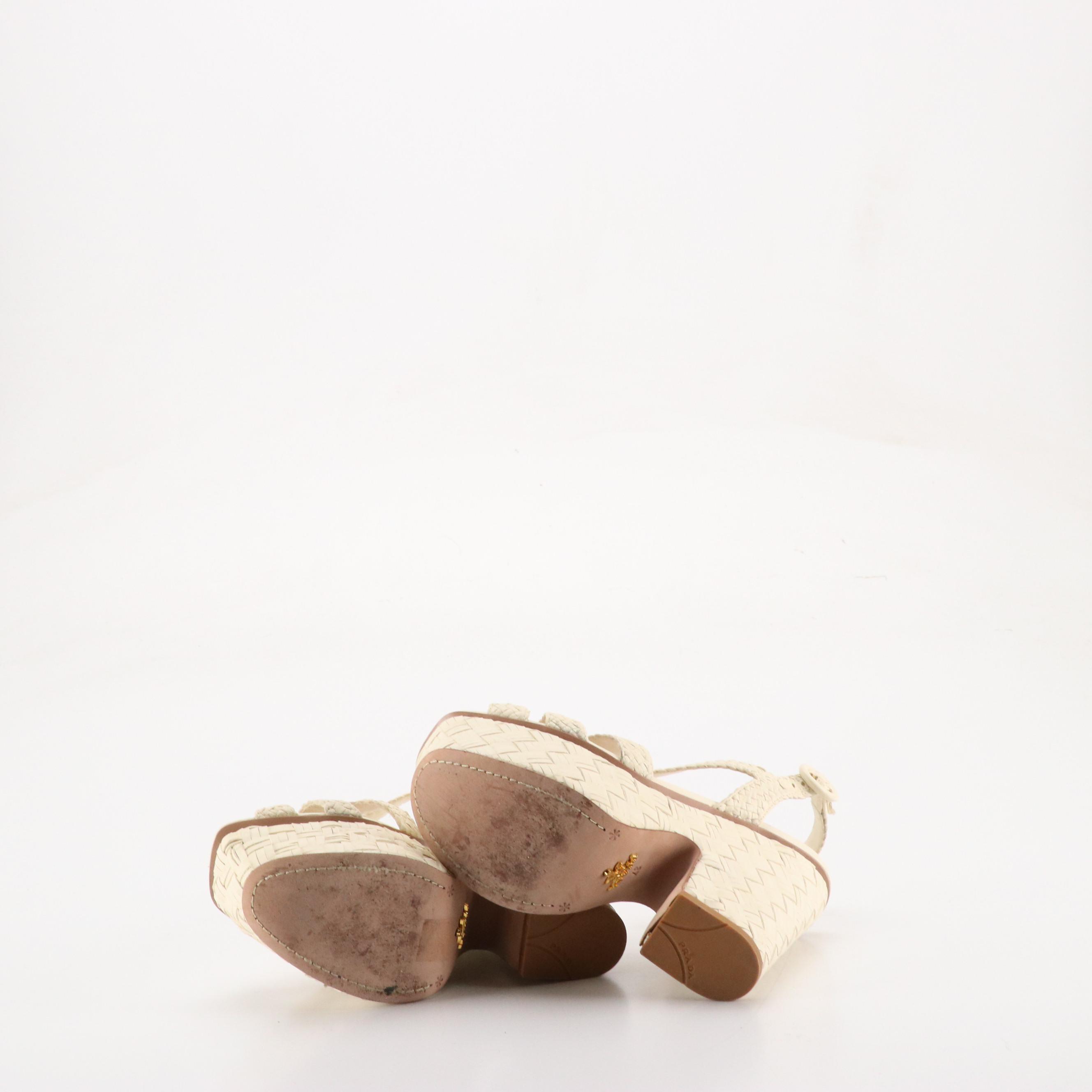 Prada Madras Collection Platform Sandals in Avorio Woven Leather with Box