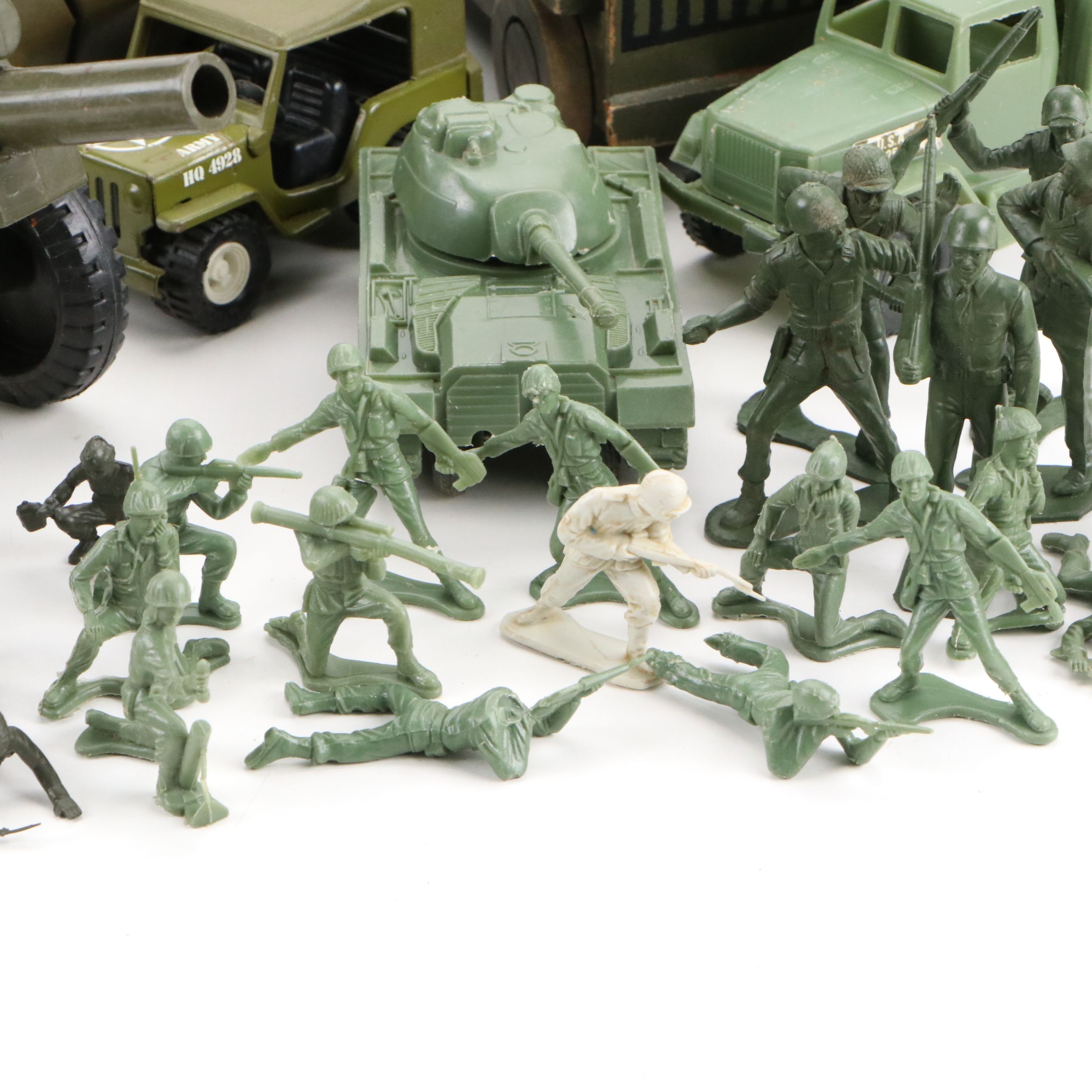 Marx Steel Army Transport Truck with Figurines and Other Toy Military Vehicles