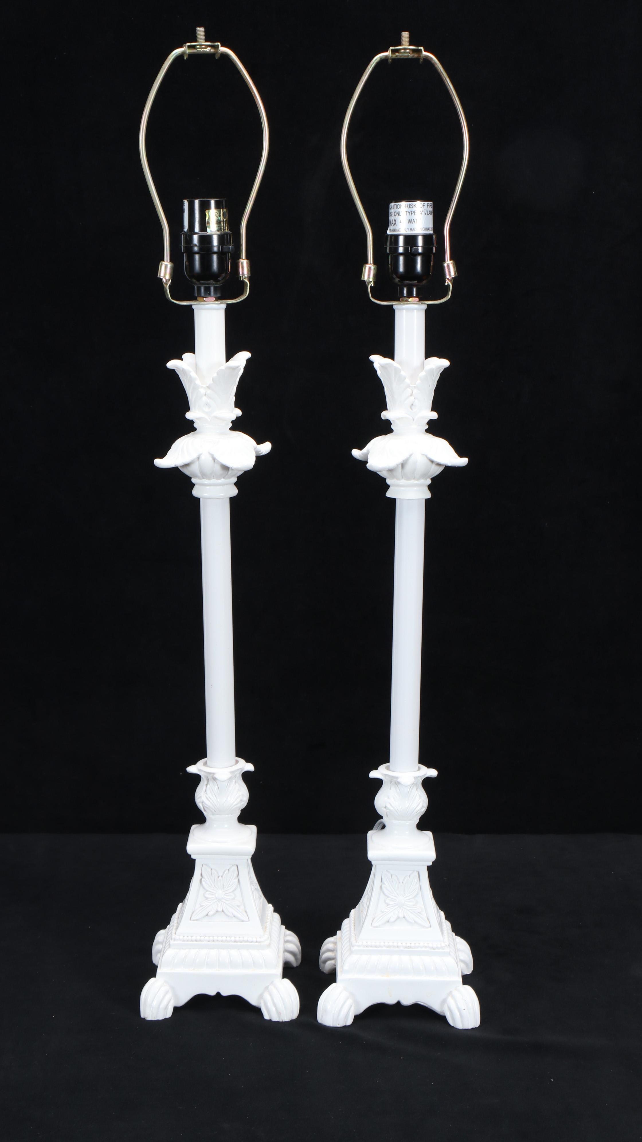 Neoclassical Acanthus Form Acrylic Candlestick Lamps with Orange Silk Shades
