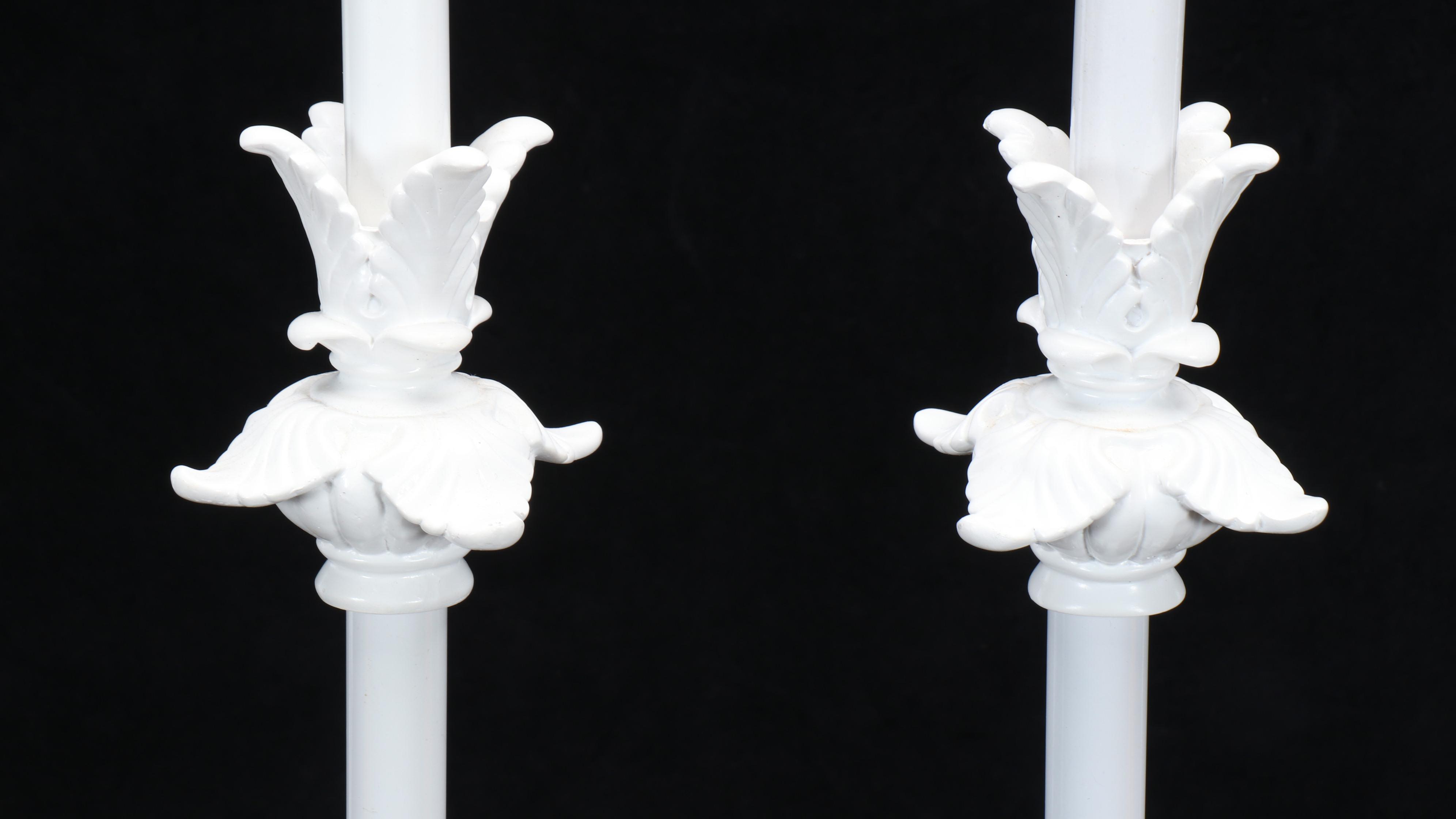 Neoclassical Acanthus Form Acrylic Candlestick Lamps with Orange Silk Shades