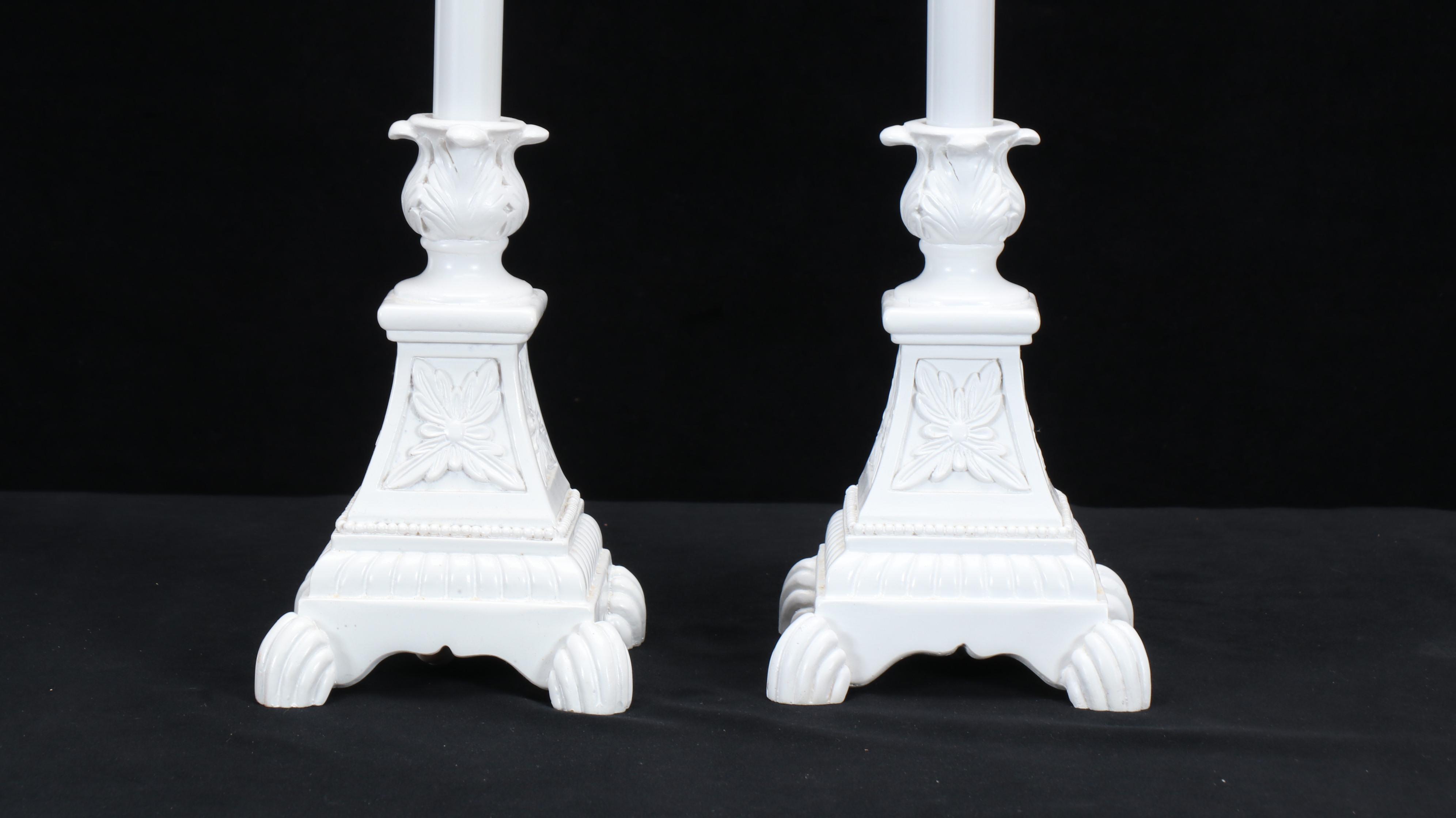 Neoclassical Acanthus Form Acrylic Candlestick Lamps with Orange Silk Shades