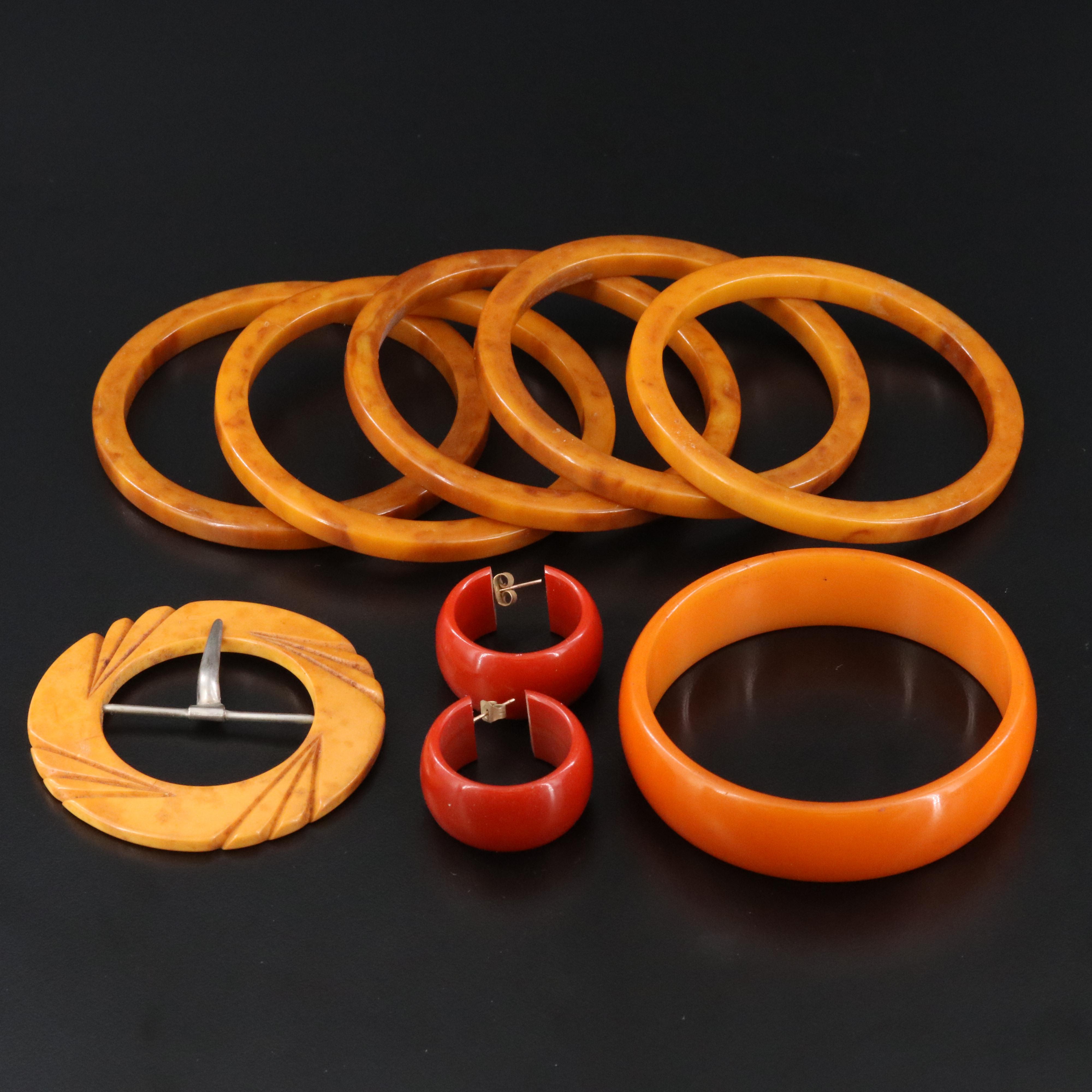 Vintage Bakelite Collection Including Bangles, Buckle and Hoops