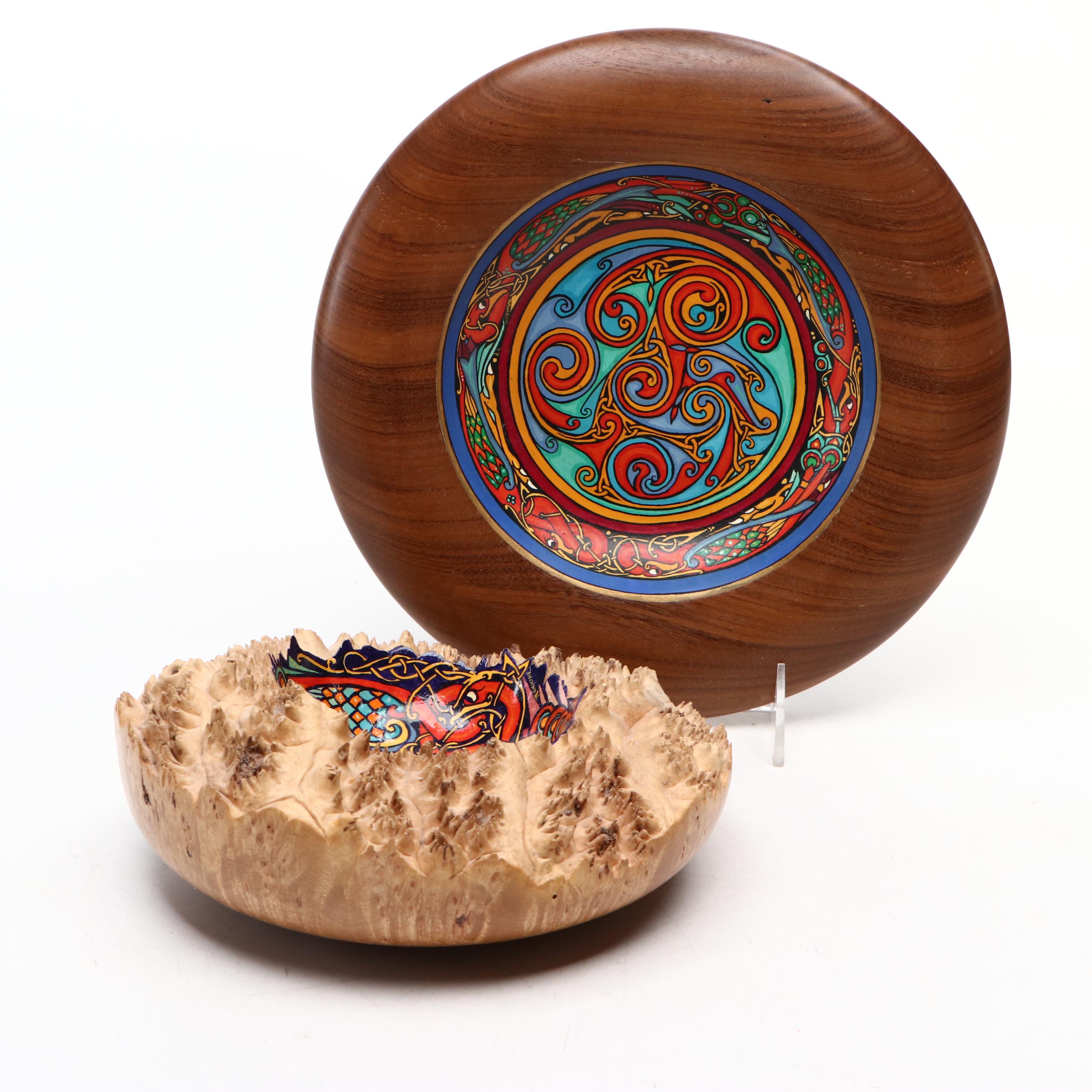 Artist Signed Painted Wooden Hanging Bowl and Natural Edge Wooden Painted Bowl