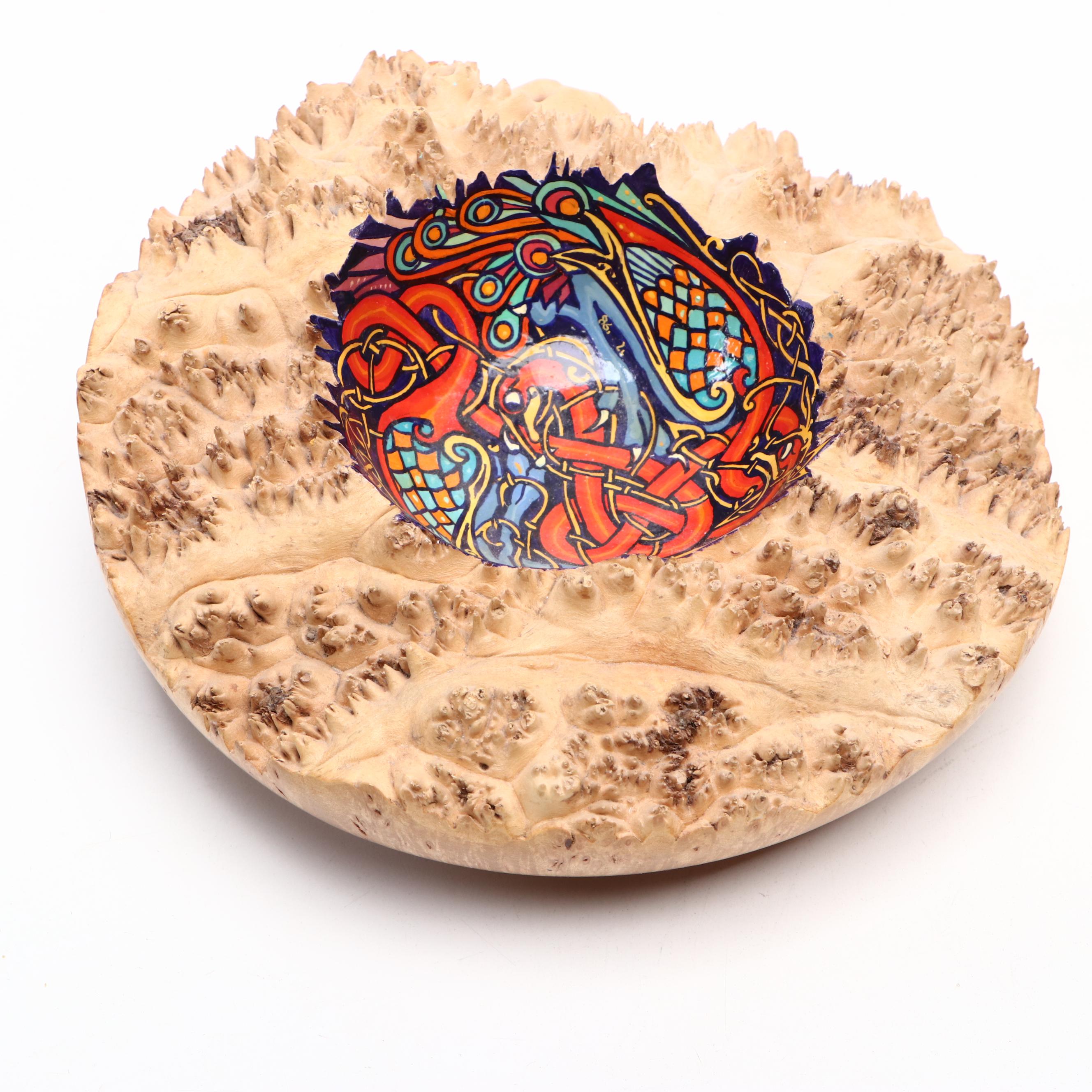 Artist Signed Painted Wooden Hanging Bowl and Natural Edge Wooden Painted Bowl