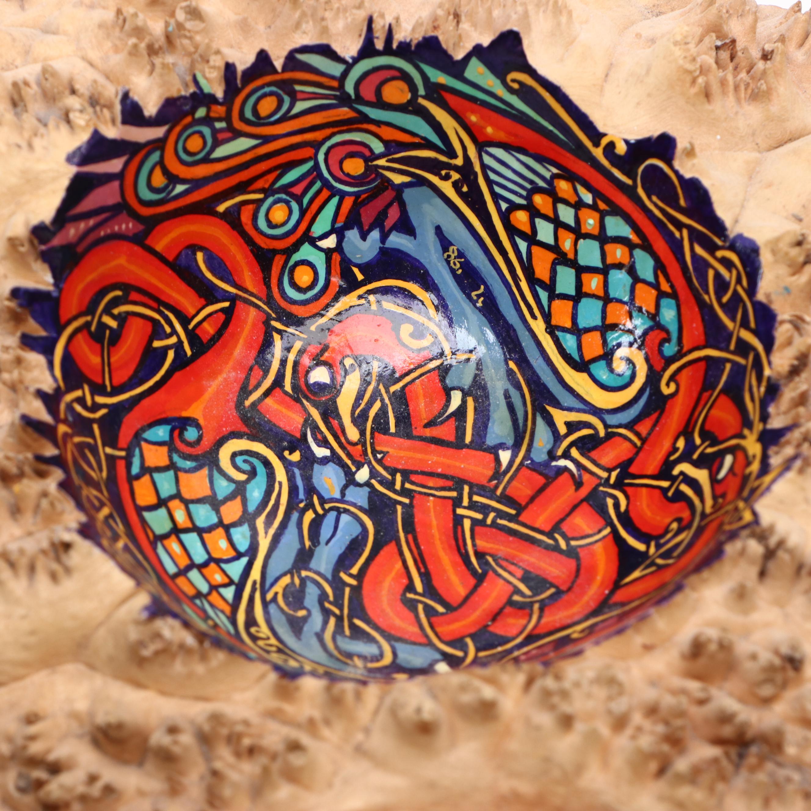 Artist Signed Painted Wooden Hanging Bowl and Natural Edge Wooden Painted Bowl