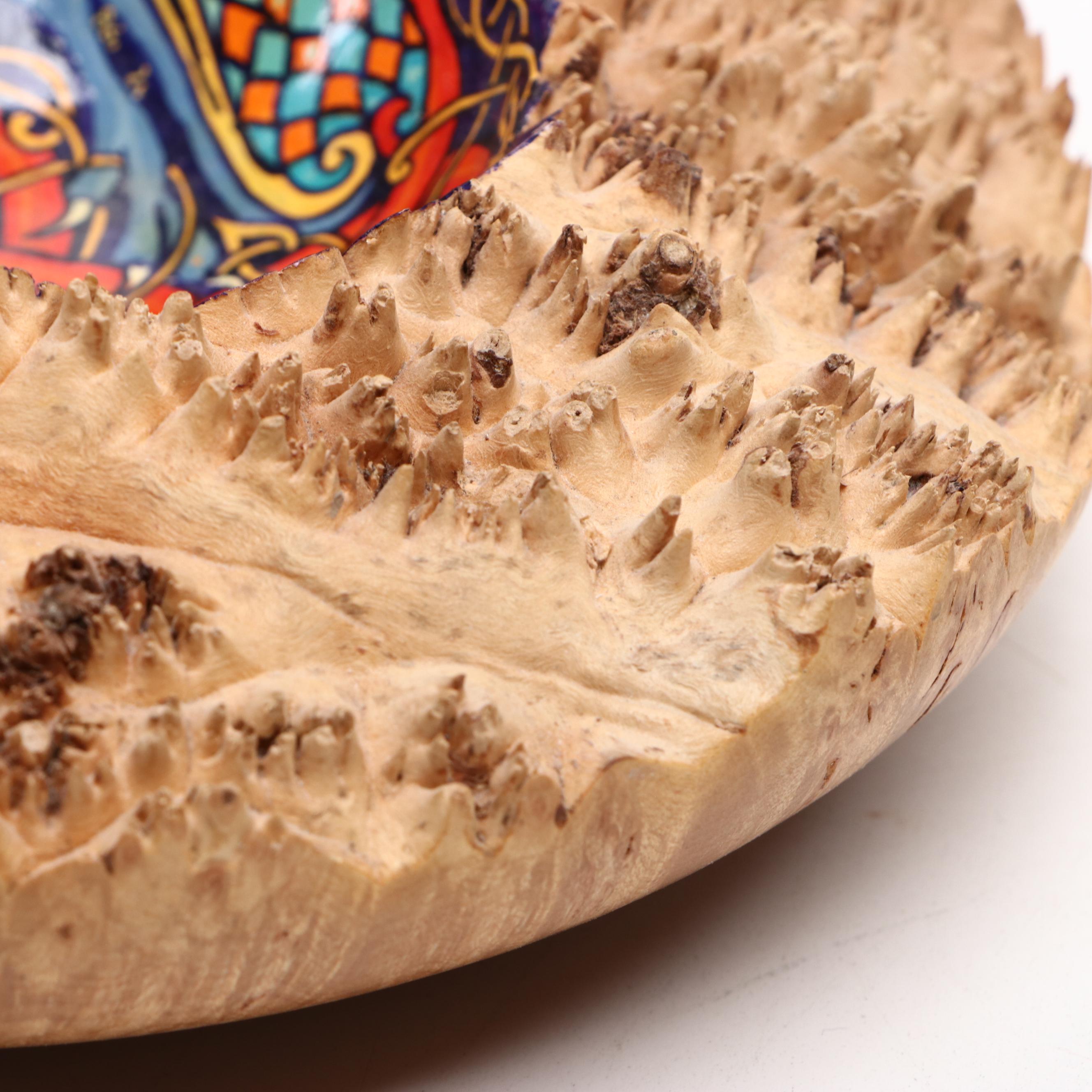 Artist Signed Painted Wooden Hanging Bowl and Natural Edge Wooden Painted Bowl