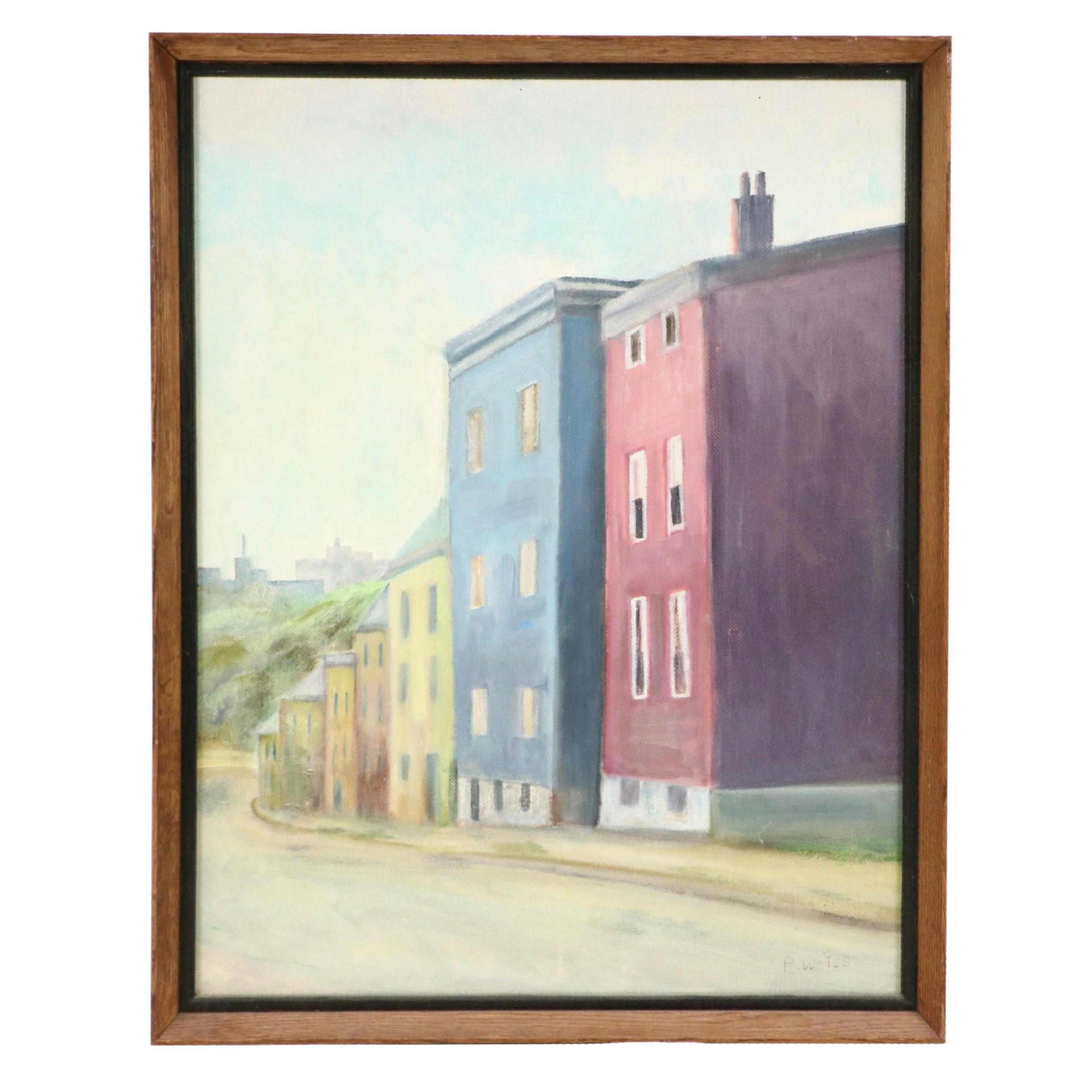 R.Weiss Street Scene Oil Painting, Late 20th Century