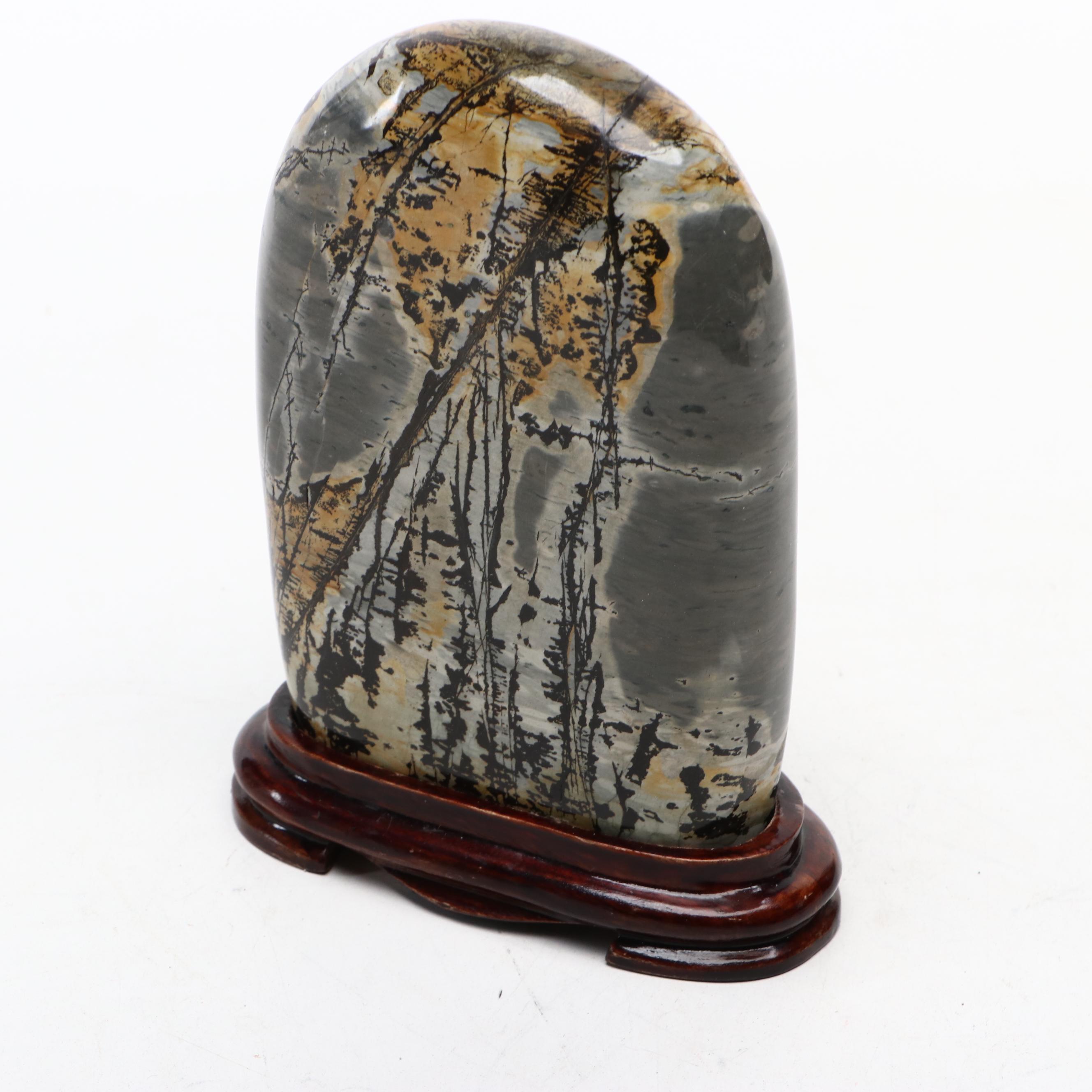 Chinese Picture Stone Dendritic Jasper Monolith with Carved Wood Stand