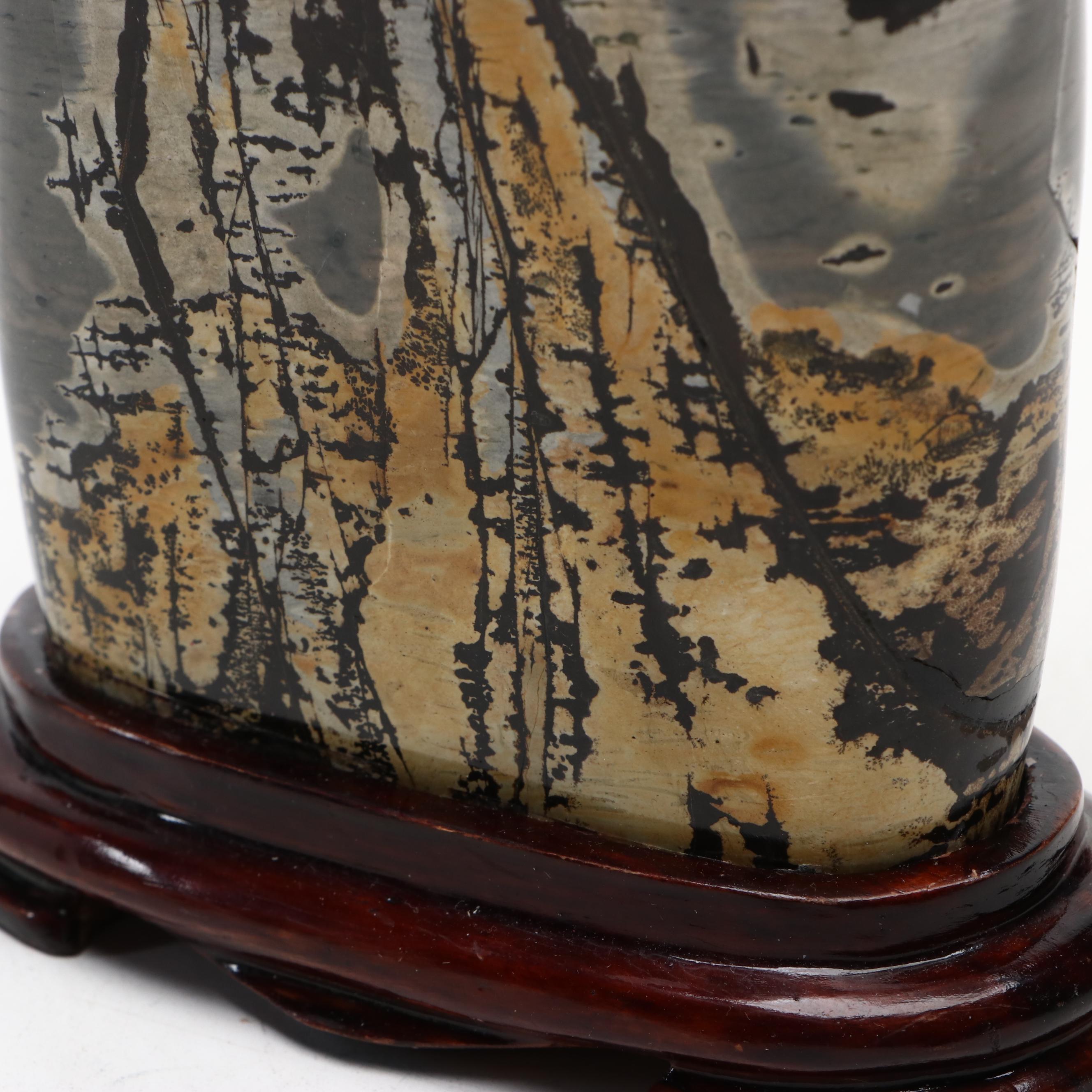 Chinese Picture Stone Dendritic Jasper Monolith with Carved Wood Stand