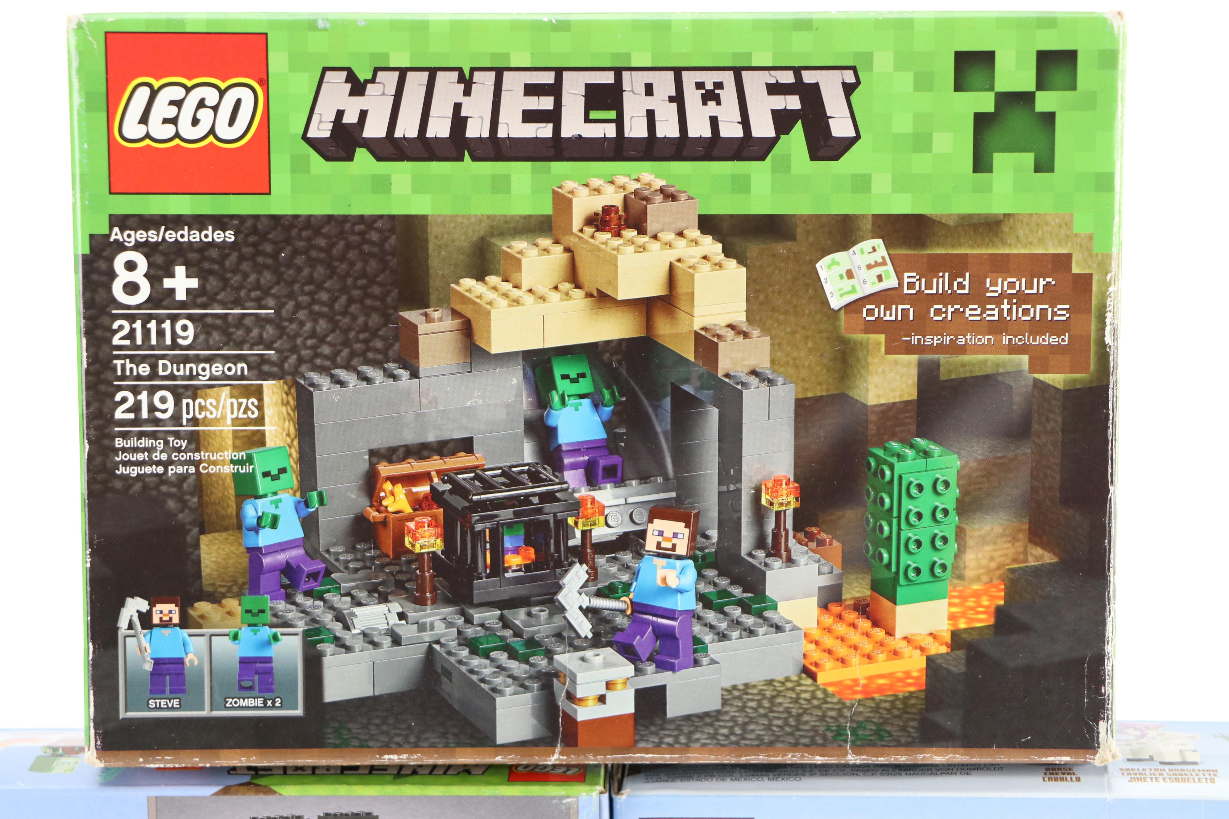 LEGO Minecraft "Horse Stable," "The Fox Lodge," and "The Dungeon" Building Sets